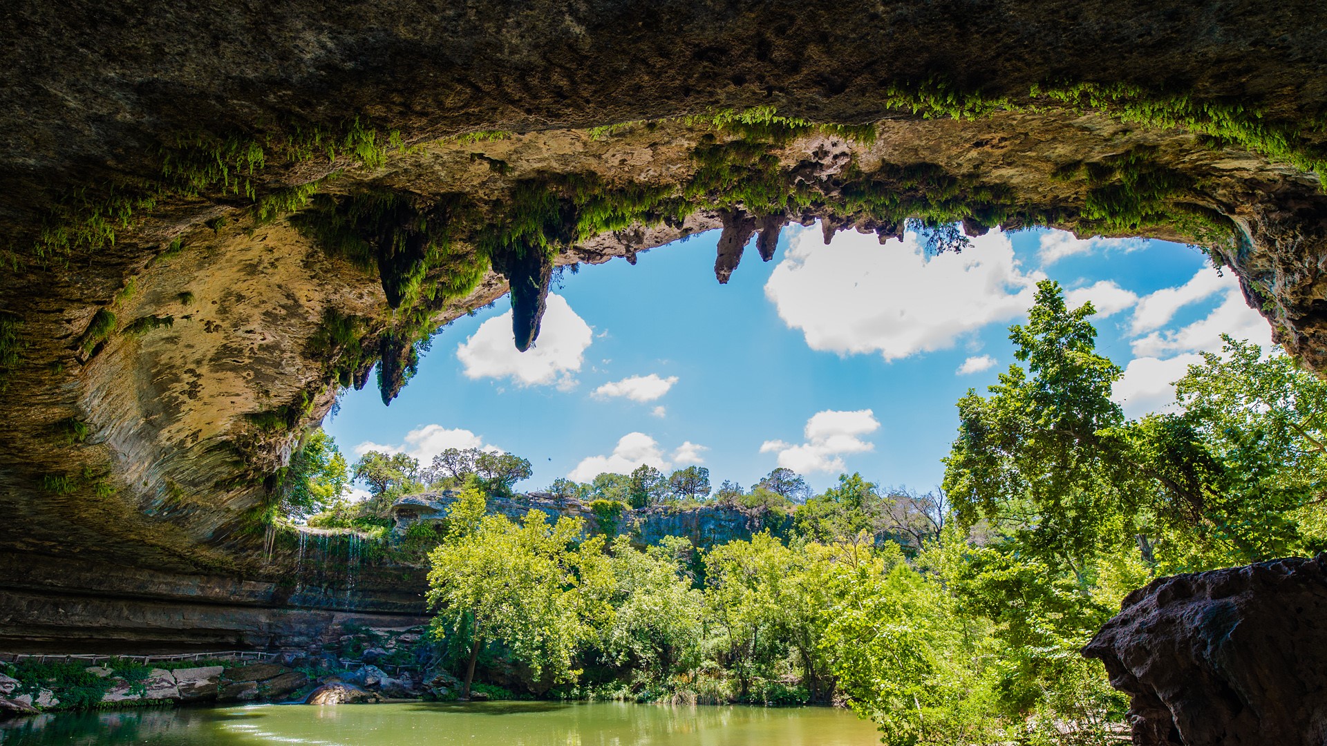 Nature Landscape Cave Lake Trees Plants Clouds Sky Rocks Water Texas USA Austin Texas 1920x1080