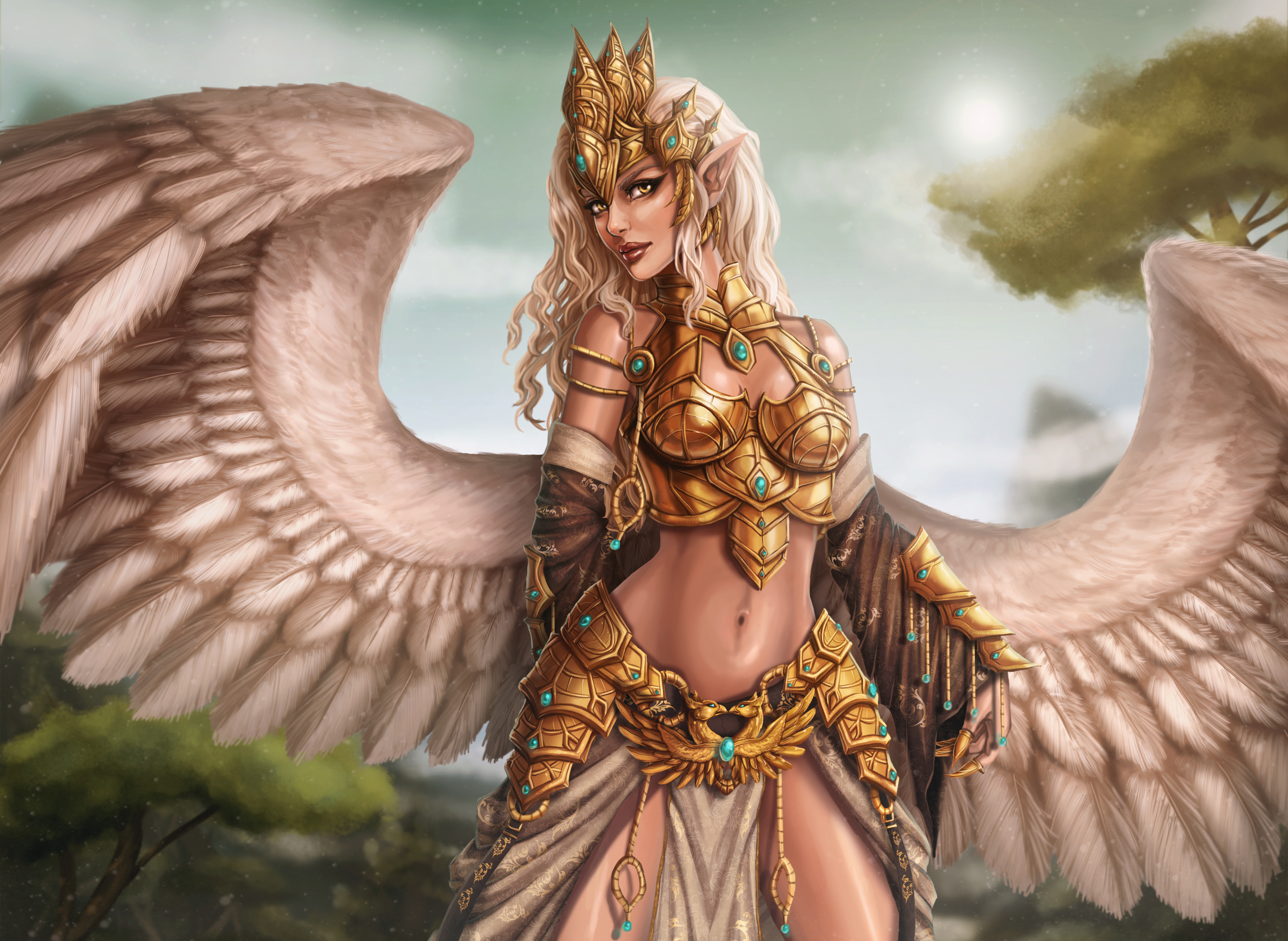 Angel Angel Warrior Armor Blonde Crown Fantasy Pointed Ears Wings 4000x2921