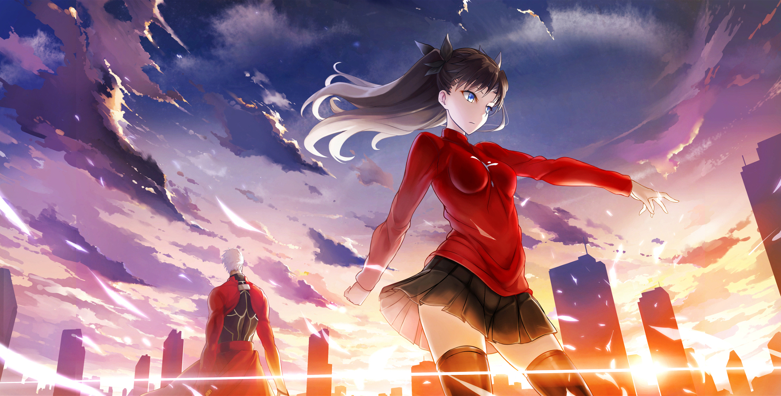 Archer Fate Stay Night Black Hair Blue Eyes Building Cloud Fate Stay Night Long Hair Pantyhose Rin T 2560x1300