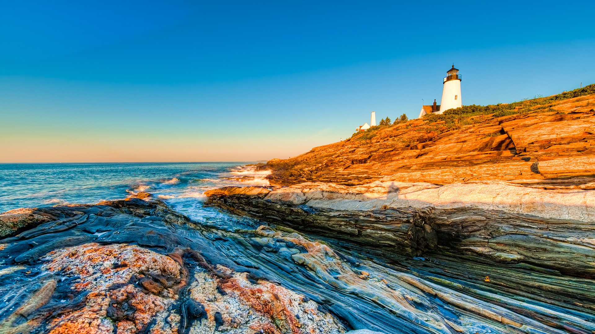Nature Landscape Far View Rocks Plants Sea Horizon Waves Lighthouse Pemaquid Point Lighthouse Maine  1920x1080