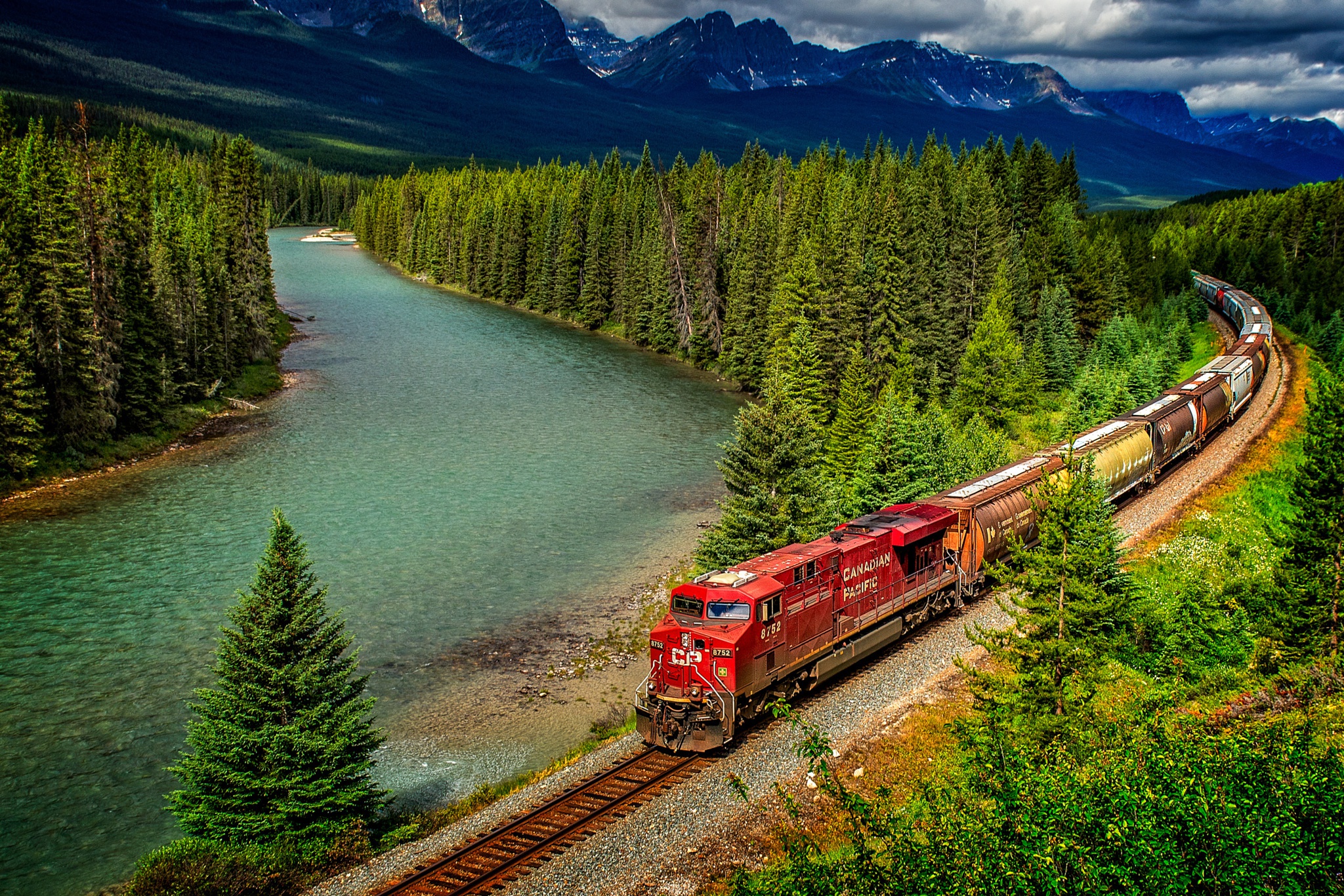Forest Landscape Locomotive Mountain River Train Vehicle 2048x1367