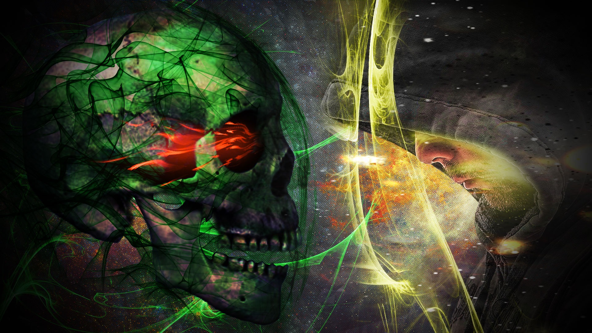 Artistic Dark Face Green Head Man Skull 1920x1080