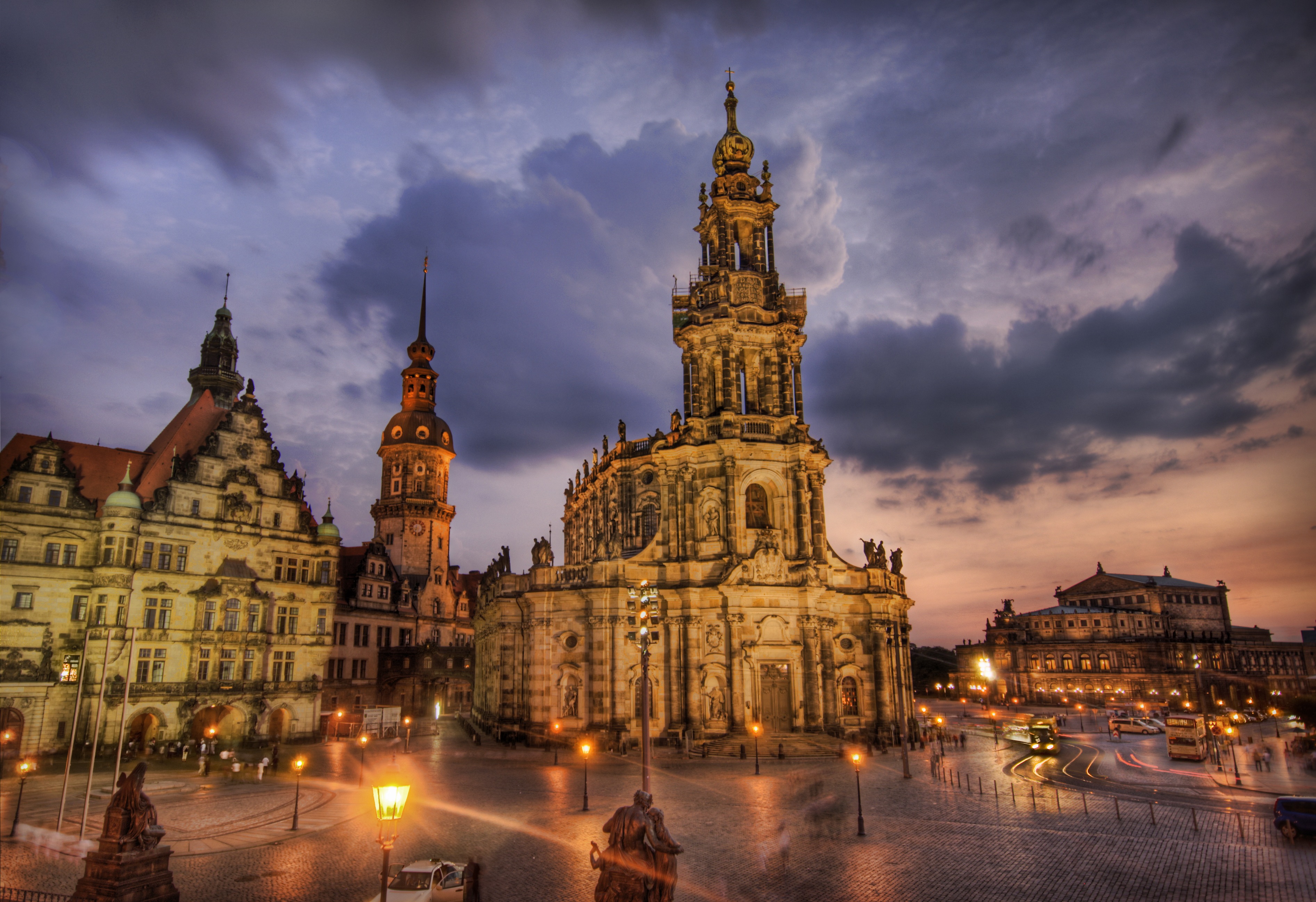 Architecture Building Cathedral Dresden Dusk Germany Light Night Square 3788x2595
