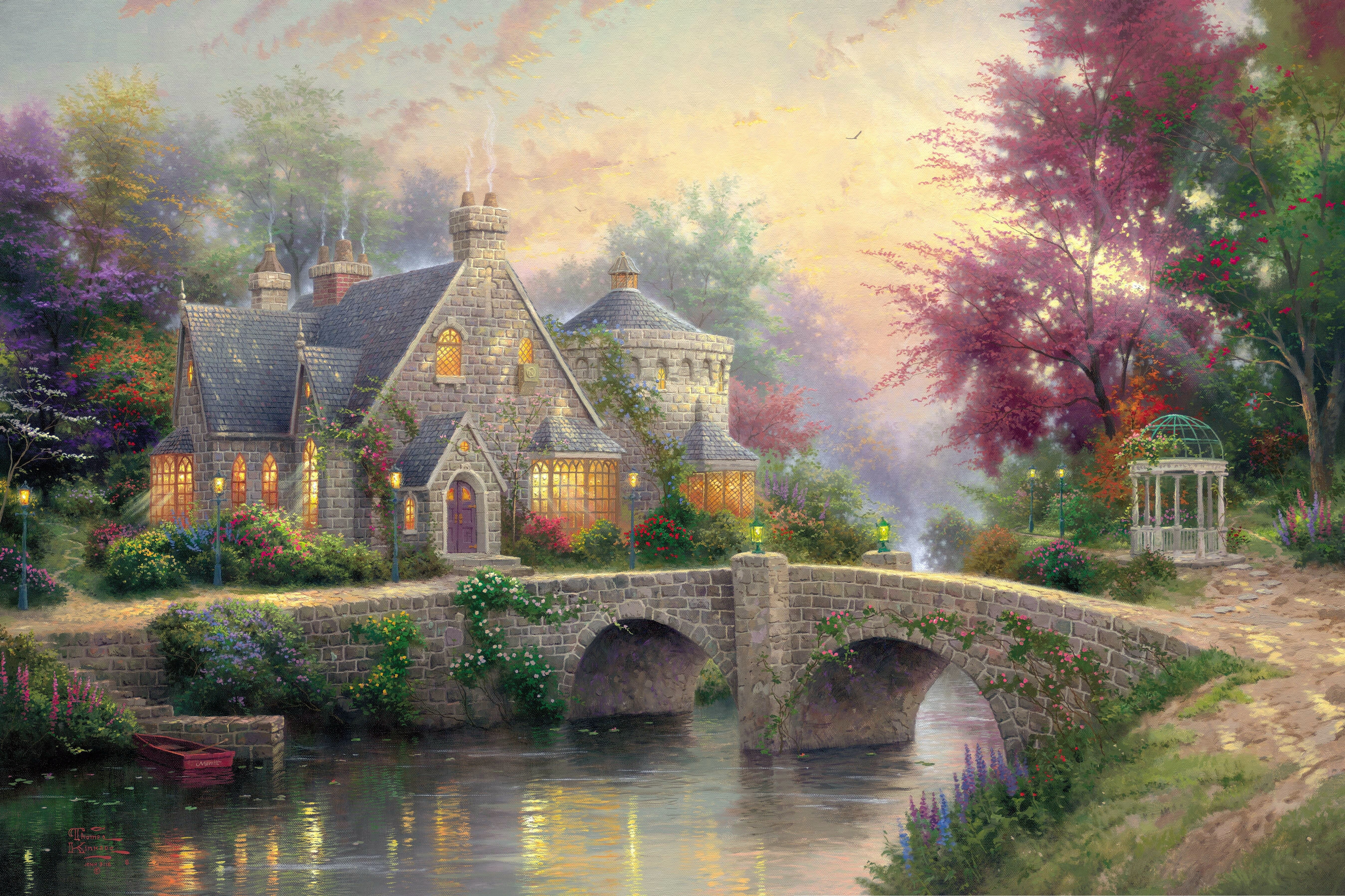 Artistic Bridge Colorful Colors Cottage Painting Spring 5391x3592