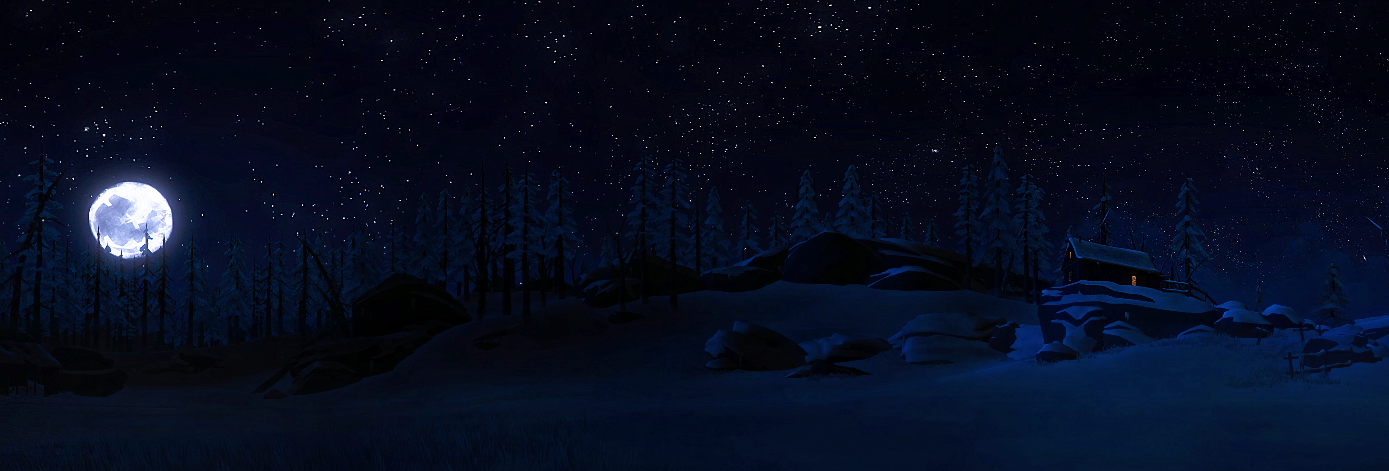 Cabin Forest Moon Night Snow Stars The Long Dark Winter Wood 4561x1547