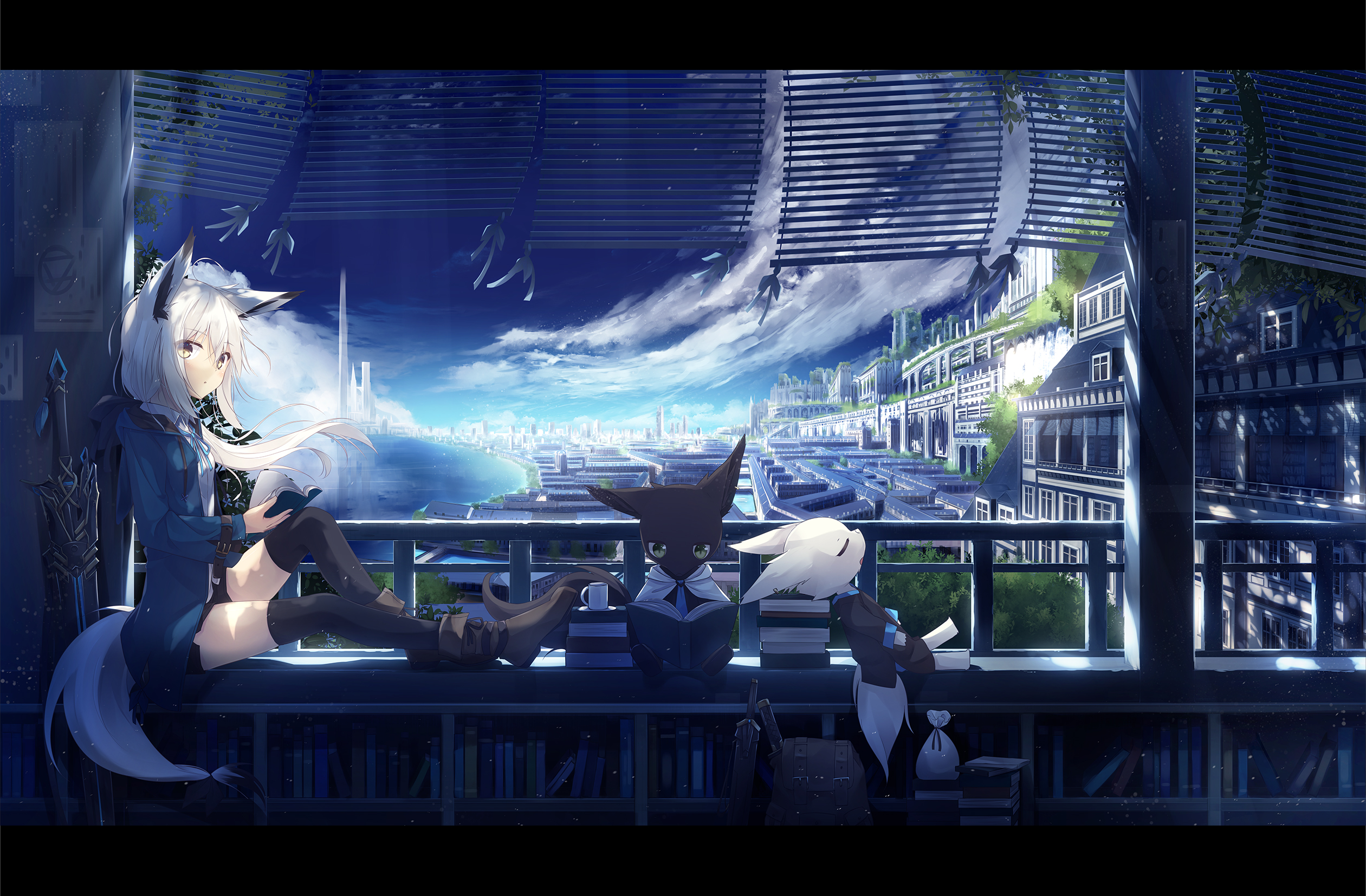 Cityscape Girl Kitsune Original Anime Scenic Sky Sword 2521x1654