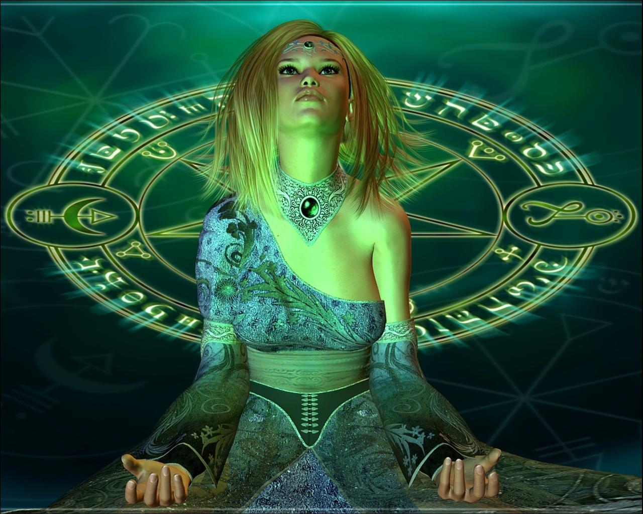 Blue Green Pentagram Witch Woman 1280x1024
