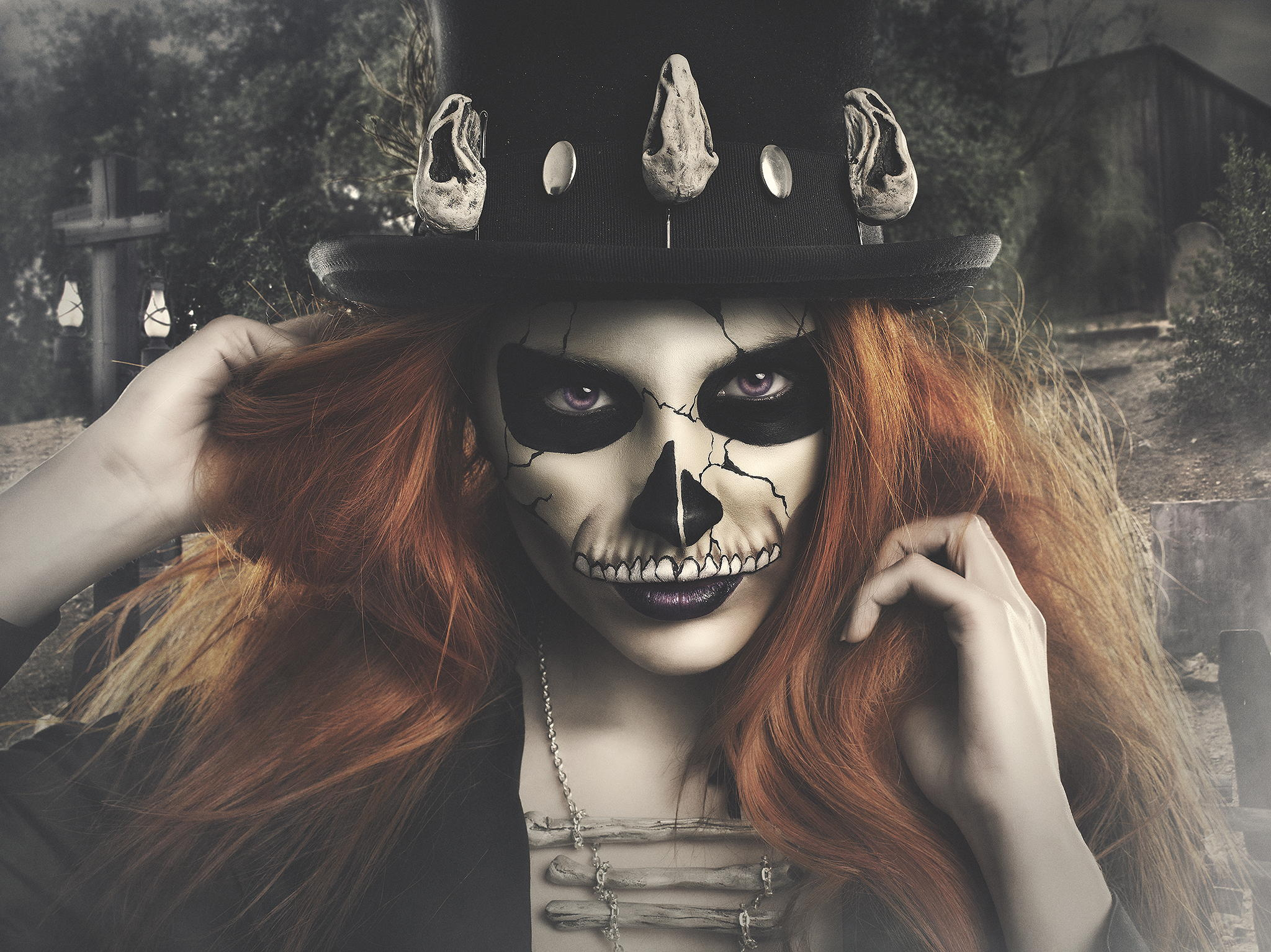 Dark Hat Mask Model Purple Eyes Redhead Sugar Skull Woman 2048x1534