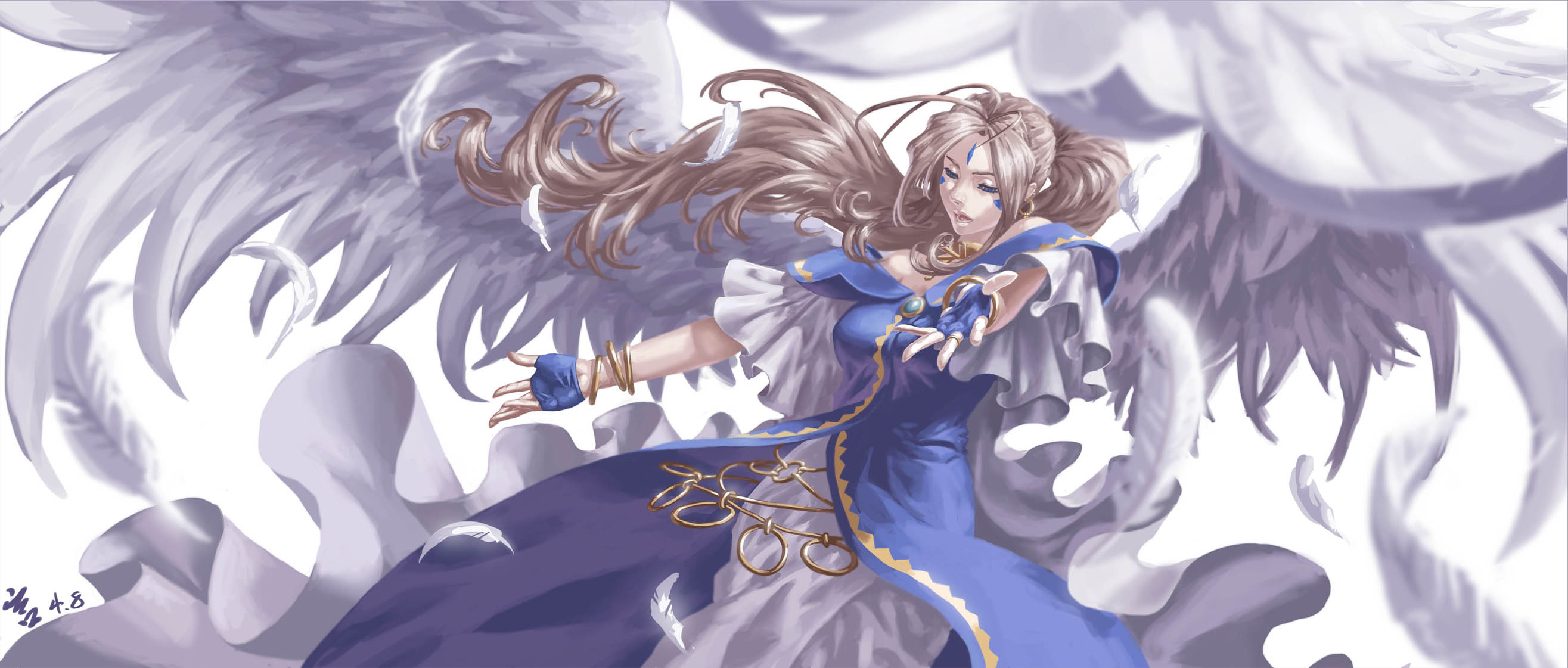 Ah My Goddess Anime Girls Angel Wings Blue Dress Ponytail Long Hair Brunette 2D Belldandy Looking Aw 2631x1121