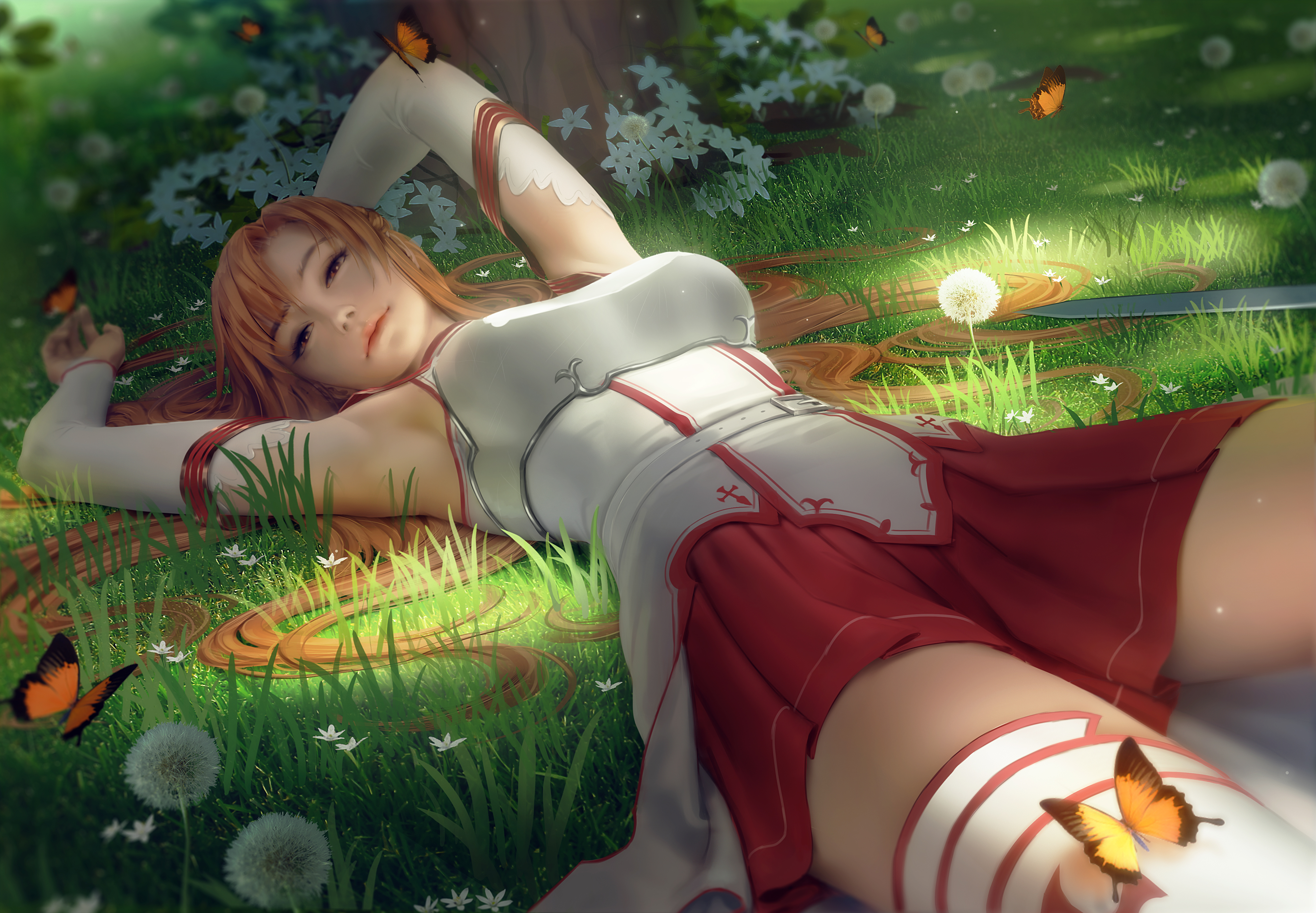 Yuuki Asuna Sword Art Online Anime Anime Girls Arm Warmers Armor Thigh Highs Grass Dandelion Flowers 4000x2775