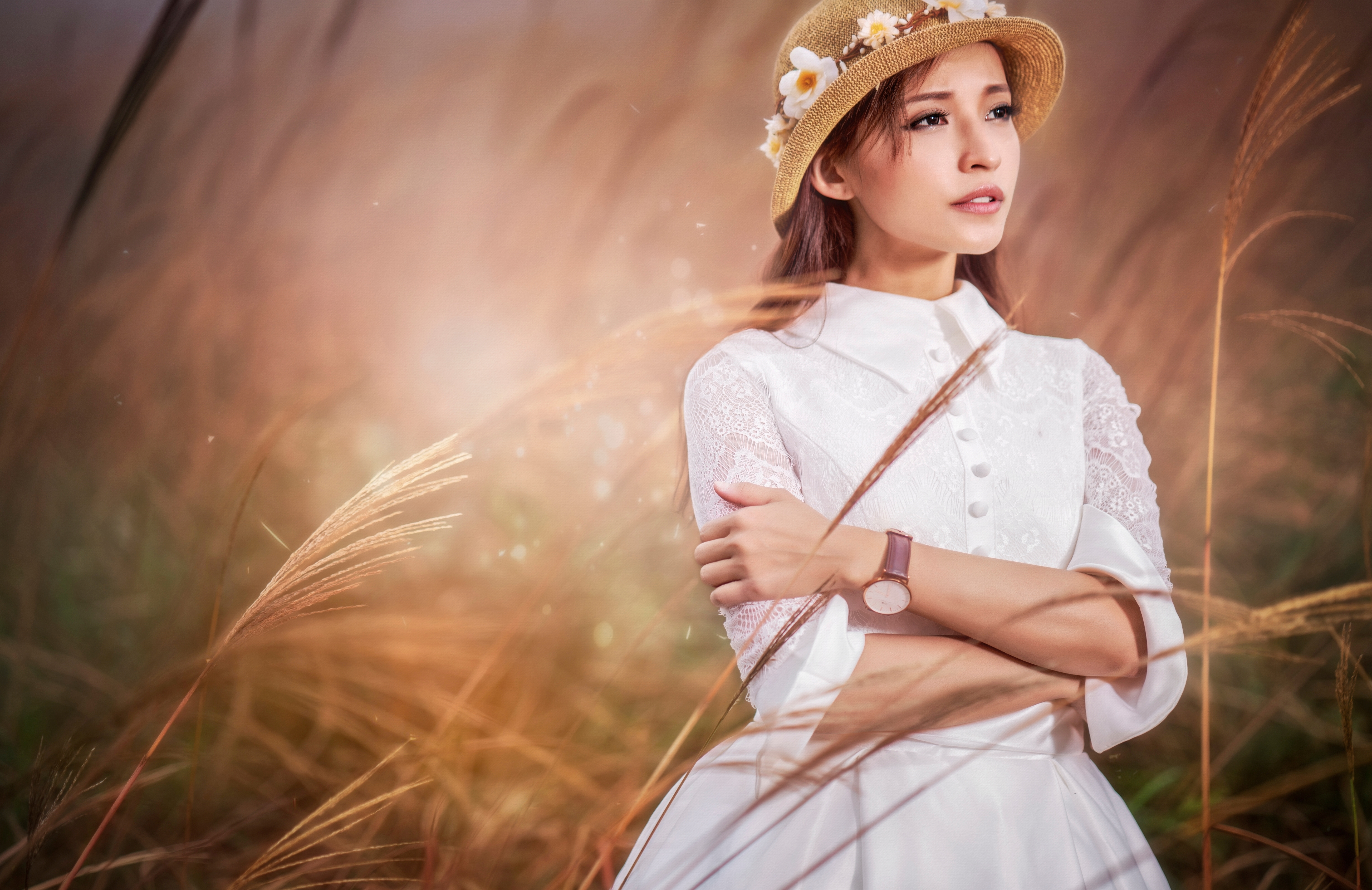 Asian Brown Eyes Brunette Girl Hat Model Outdoor White Dress Woman 7952x5158