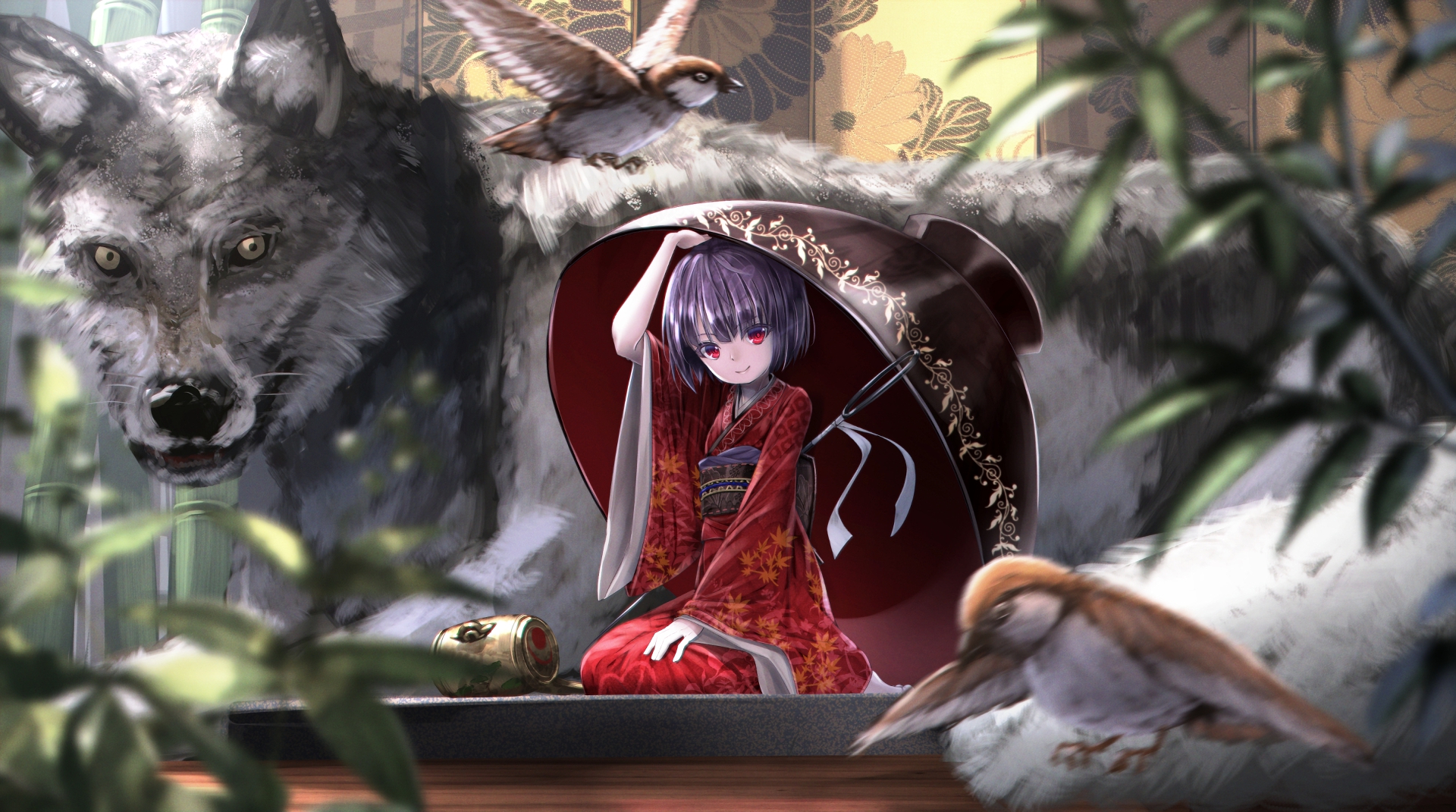 Bird Girl Kimono Oriental Purple Hair Red Eyes Shinmyoumaru Sukuna Short Hair Touhou Wolf 1920x1071