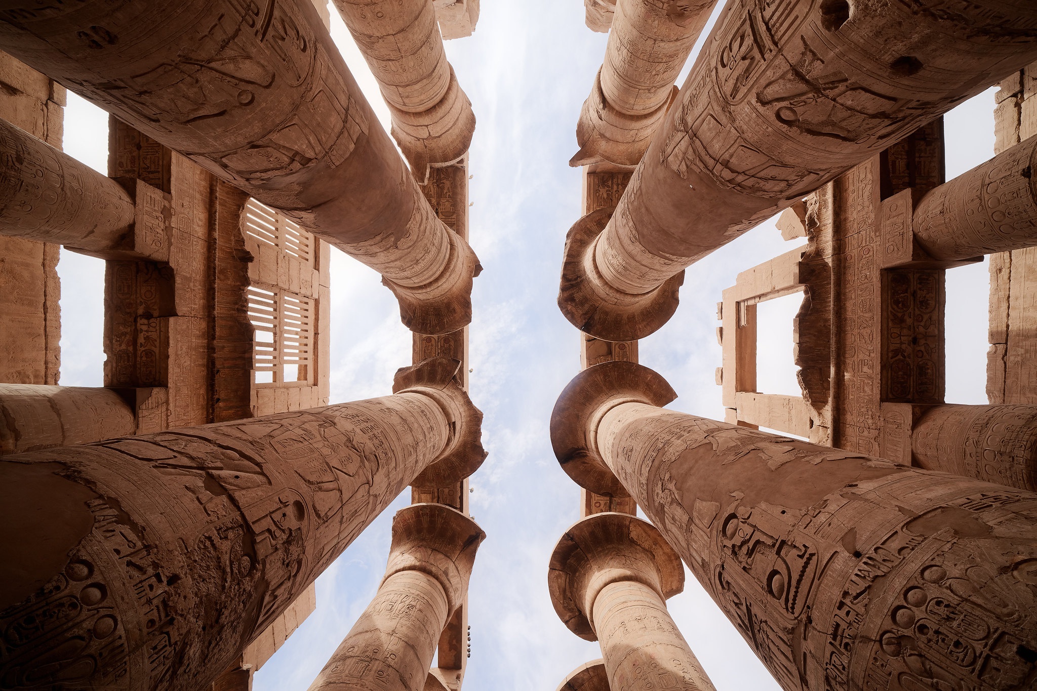 Architecture Ancient Pillar Hieroglyphics Egypt Historic Worms Eye View Sky 2048x1365