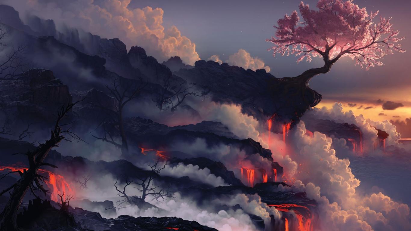 Cloud Eruption Lava Sunset Tree Volcano 1366x768