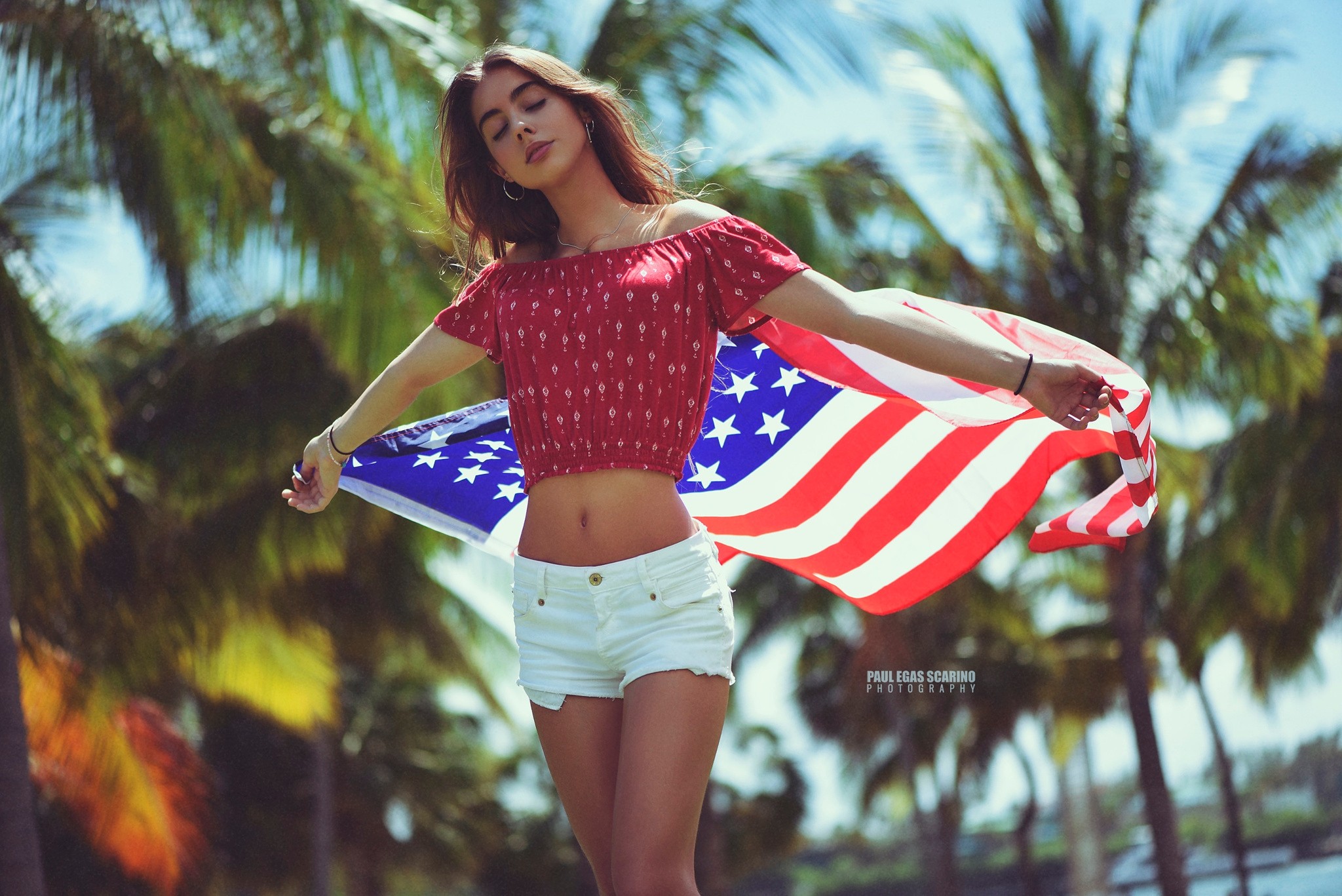 American Flag Brunette Flag Girl Shorts Woman 2048x1367