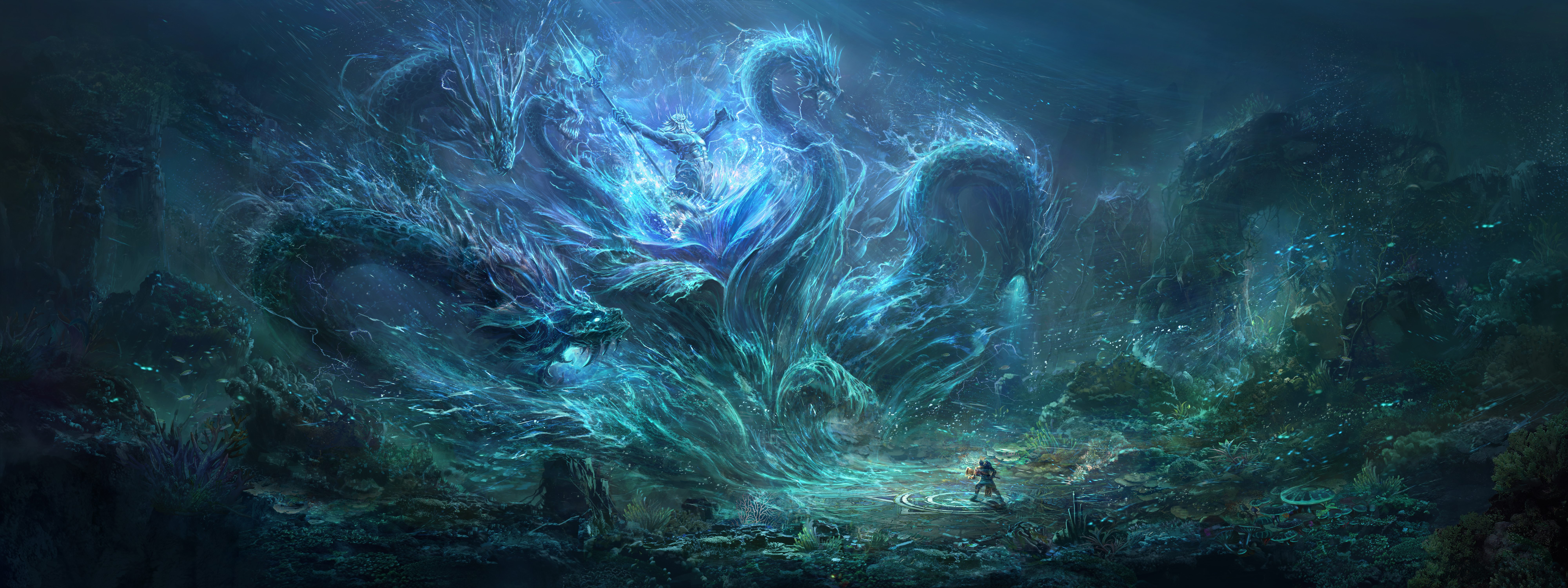 Artistic Blue Hydra Ocean Sea Sea Monster 8000x3000