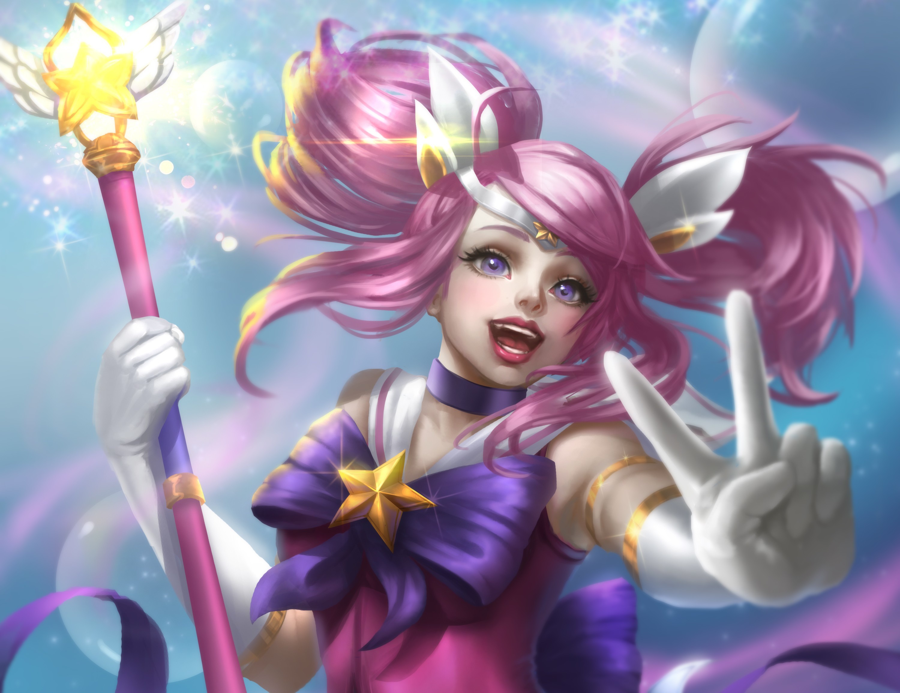 League Of Legends Lux League Of Legends Pink Hair Purple Eyes Staff Star Guardians Twintails 3000x2310