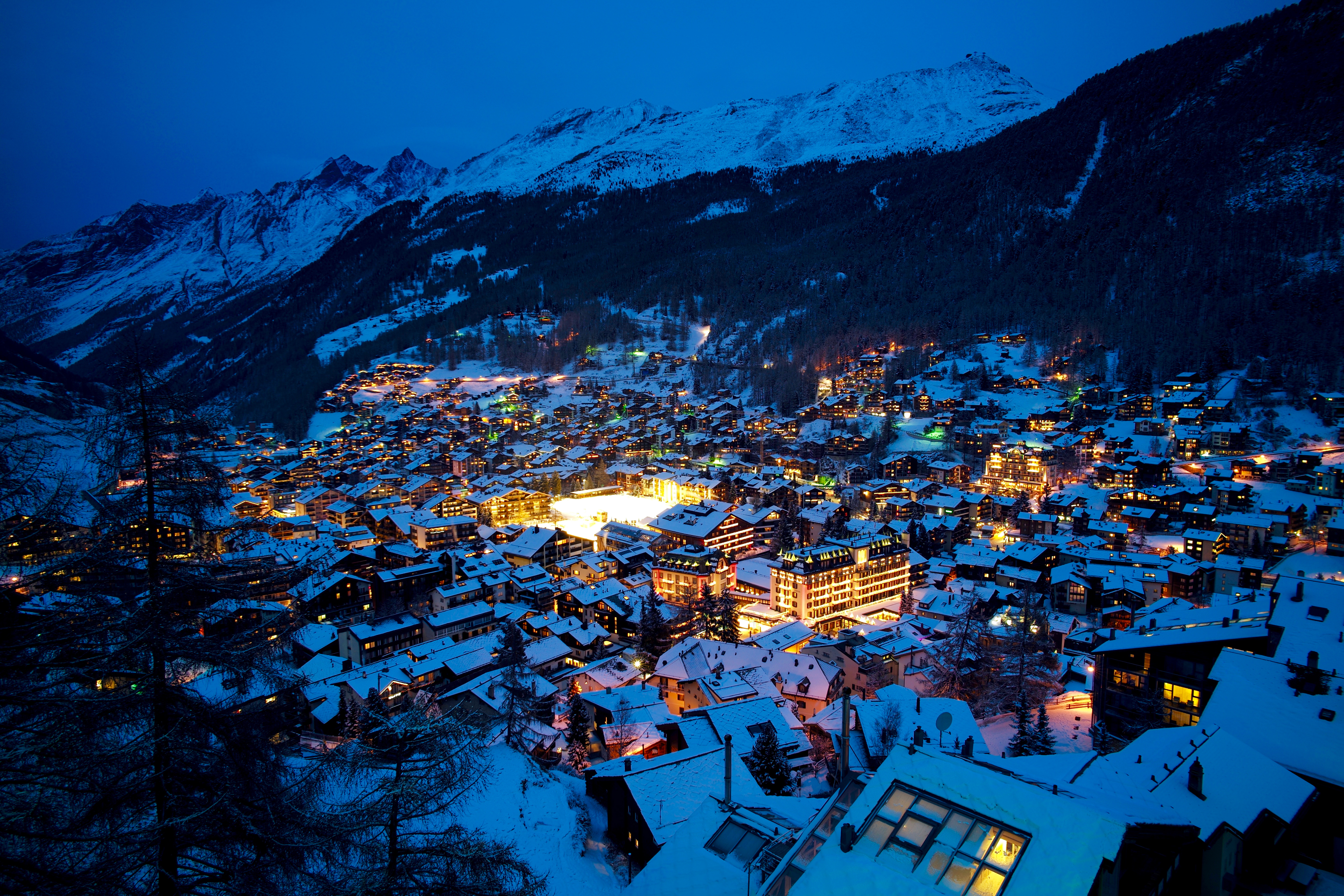 Alps Cityscape Light Night Snow Switzerland Town Valley Winter Zermatt 5250x3500