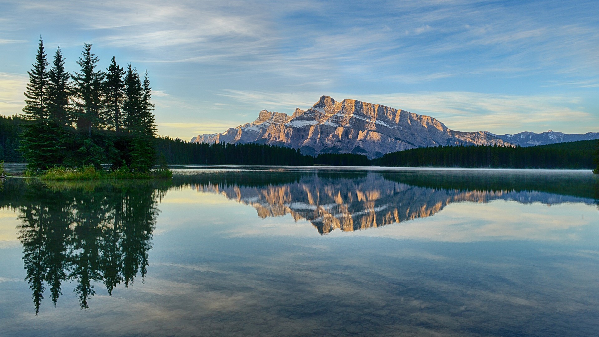 Nature Landscape Mountains Lake Trees Forest Reflection Clouds Water Clear Water Mount Rundle Albert 1920x1080