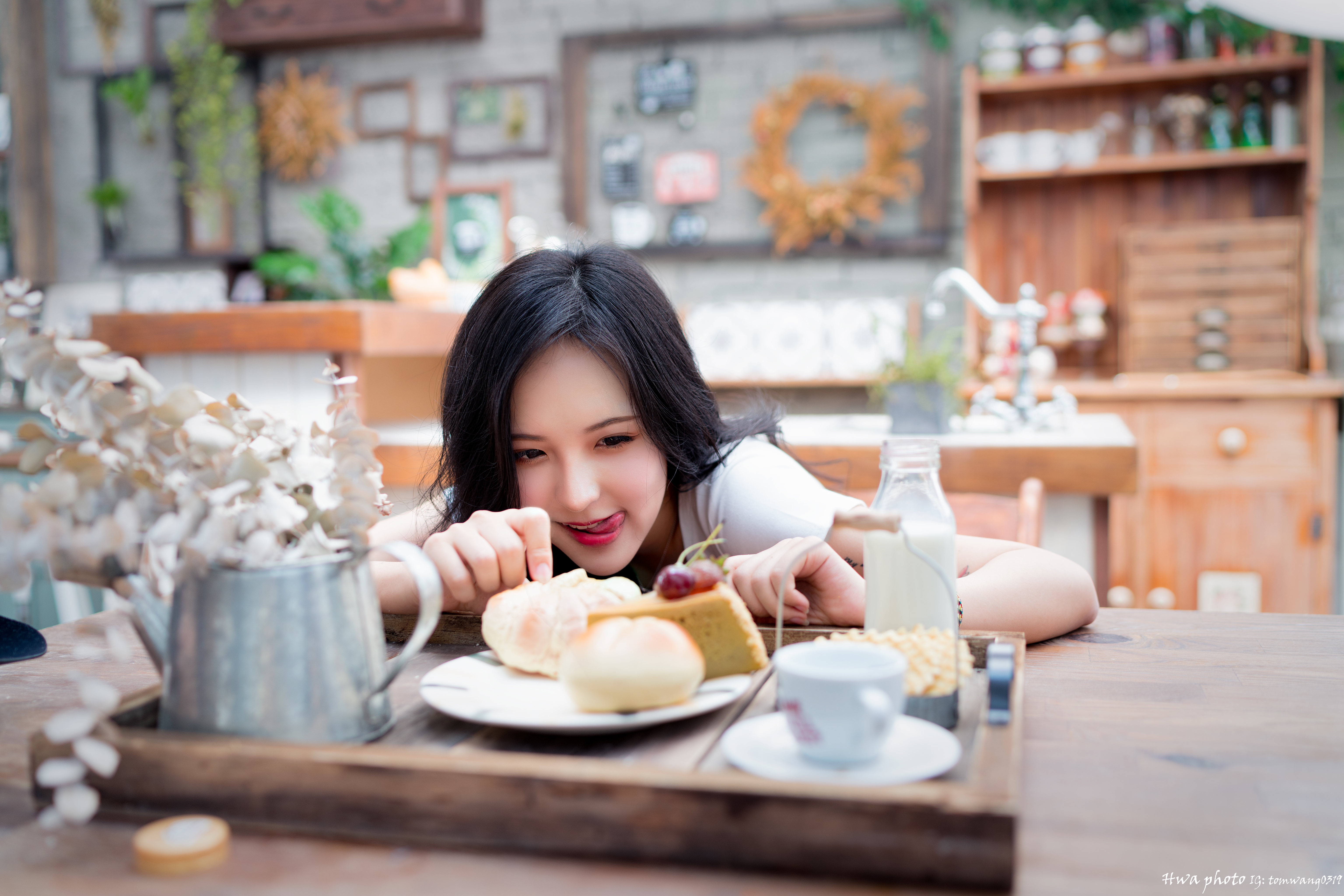Asian Women Model Long Hair Black Hair Eating Cake Tea Pot Cup Milk Tray Cupboard Signs Flowers Pict 6144x4098