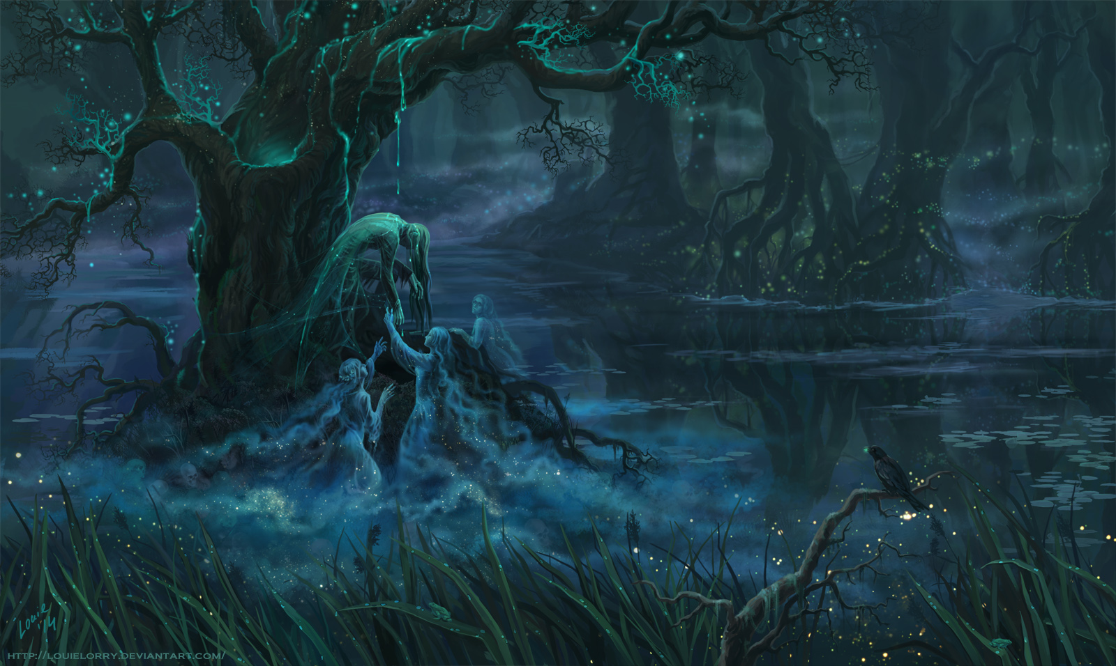 Dark Evil Fantasy Forest Ghost Girl Swamp Tree 1600x956