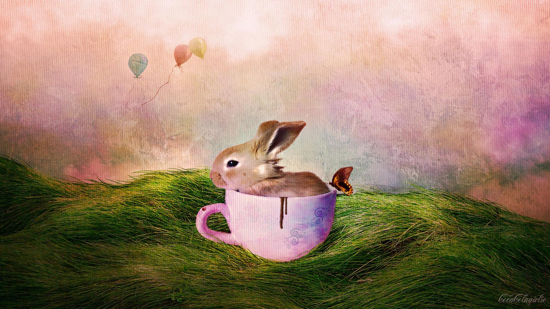 Artistic Balloon Bunny Cup Easter Grass Holiday Painting 1920x1080