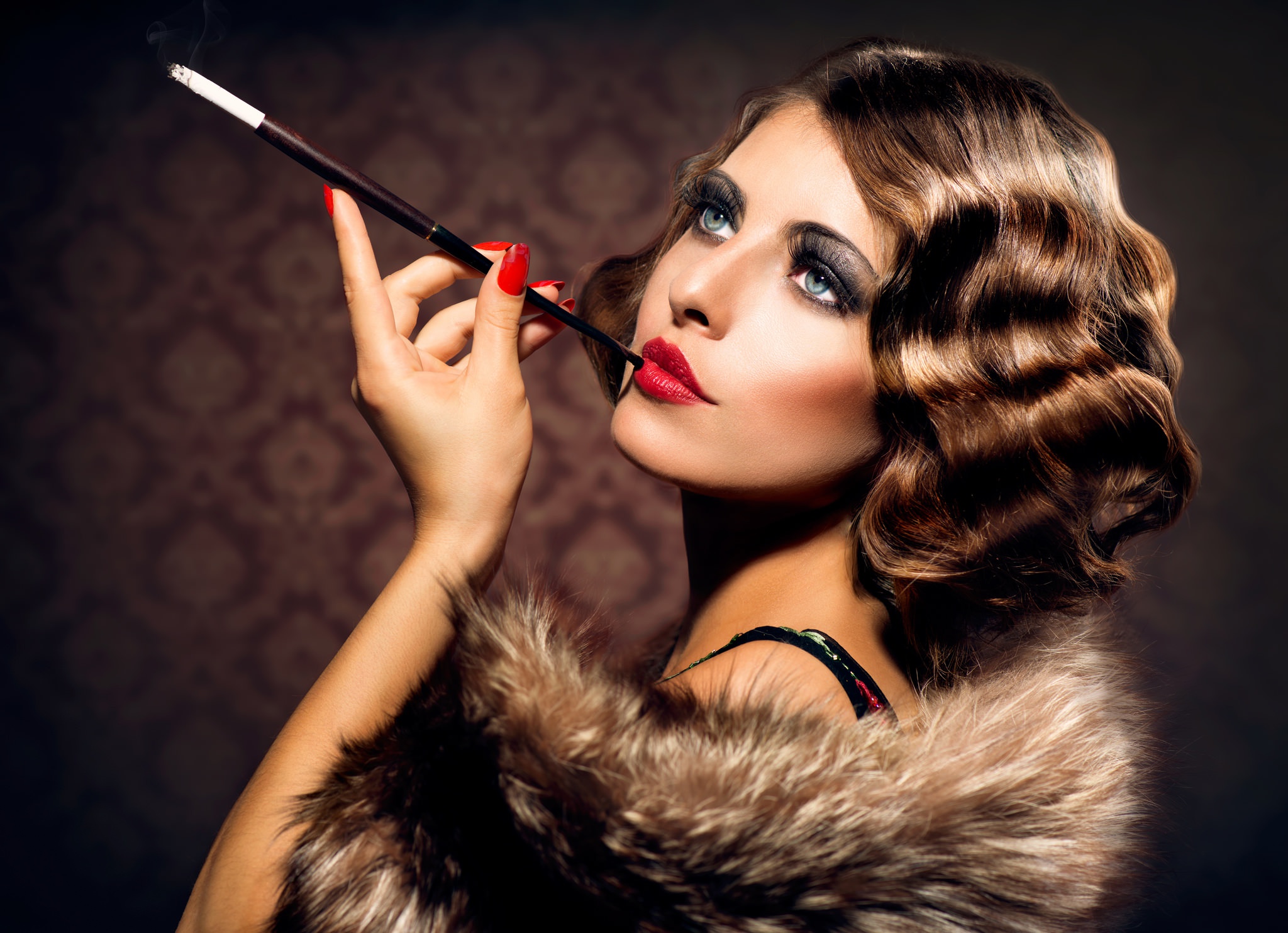 Blue Eyes Brunette Fashion Girl Lipstick Model Smoking Woman 2048x1483