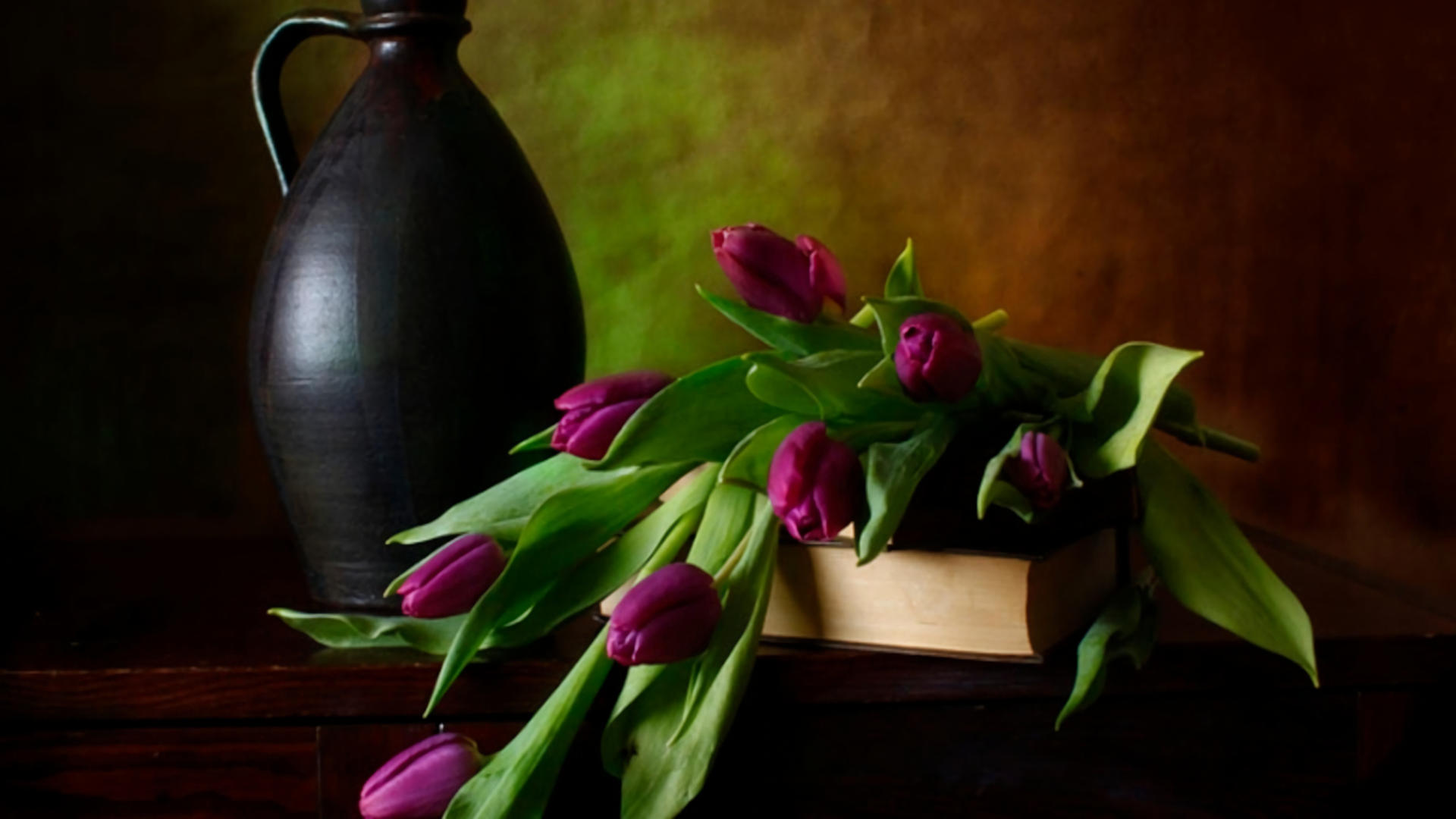 Book Flower Pitcher Purple Still Life Tulip 1920x1080