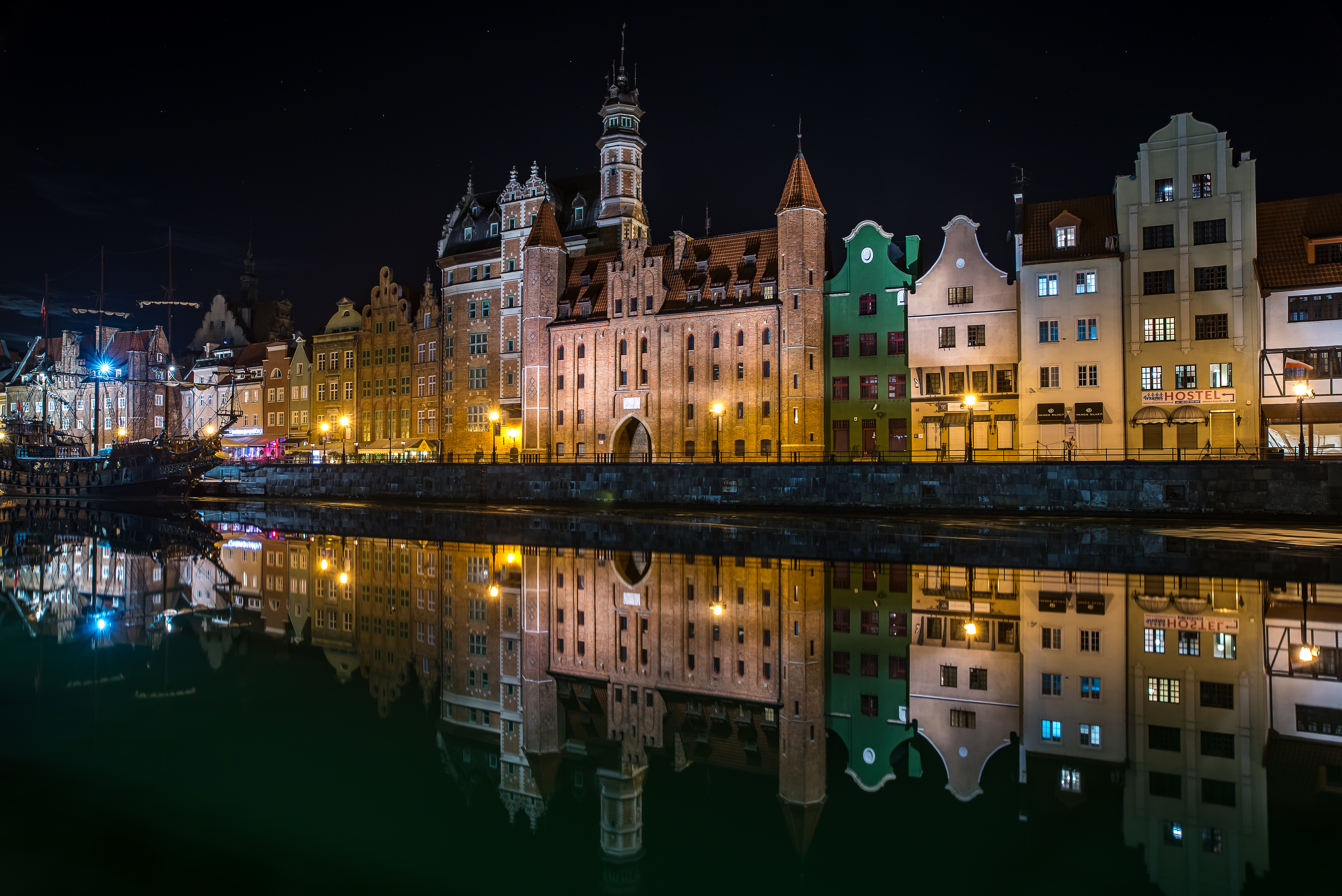 Gdansk Light Night Poland Reflection River Town 6016x4016