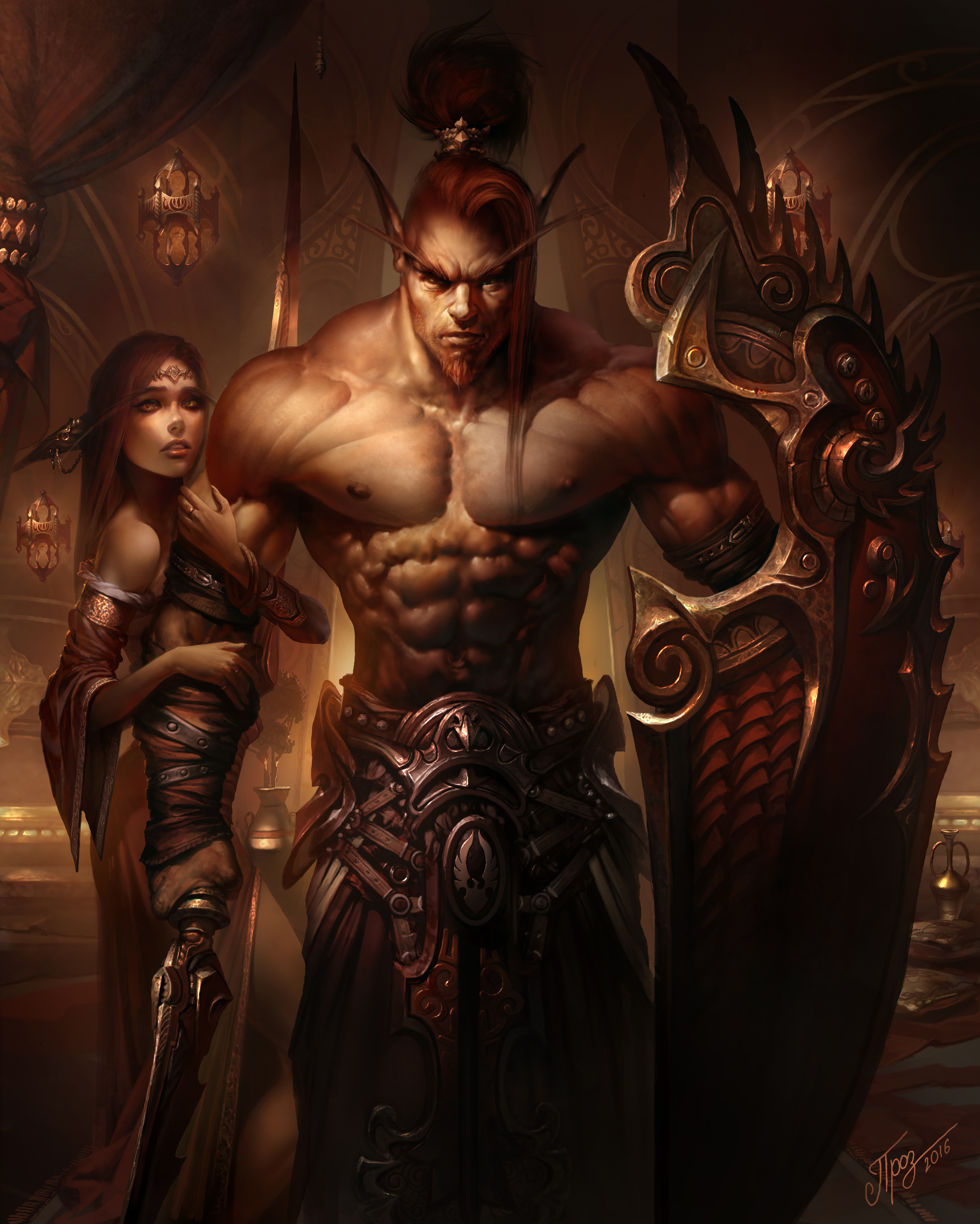 Drawing Warcraft Blood Elves Warrior Weapon Sword Shield Ponytail Pointy Ears Elves Women Men 3856x4814