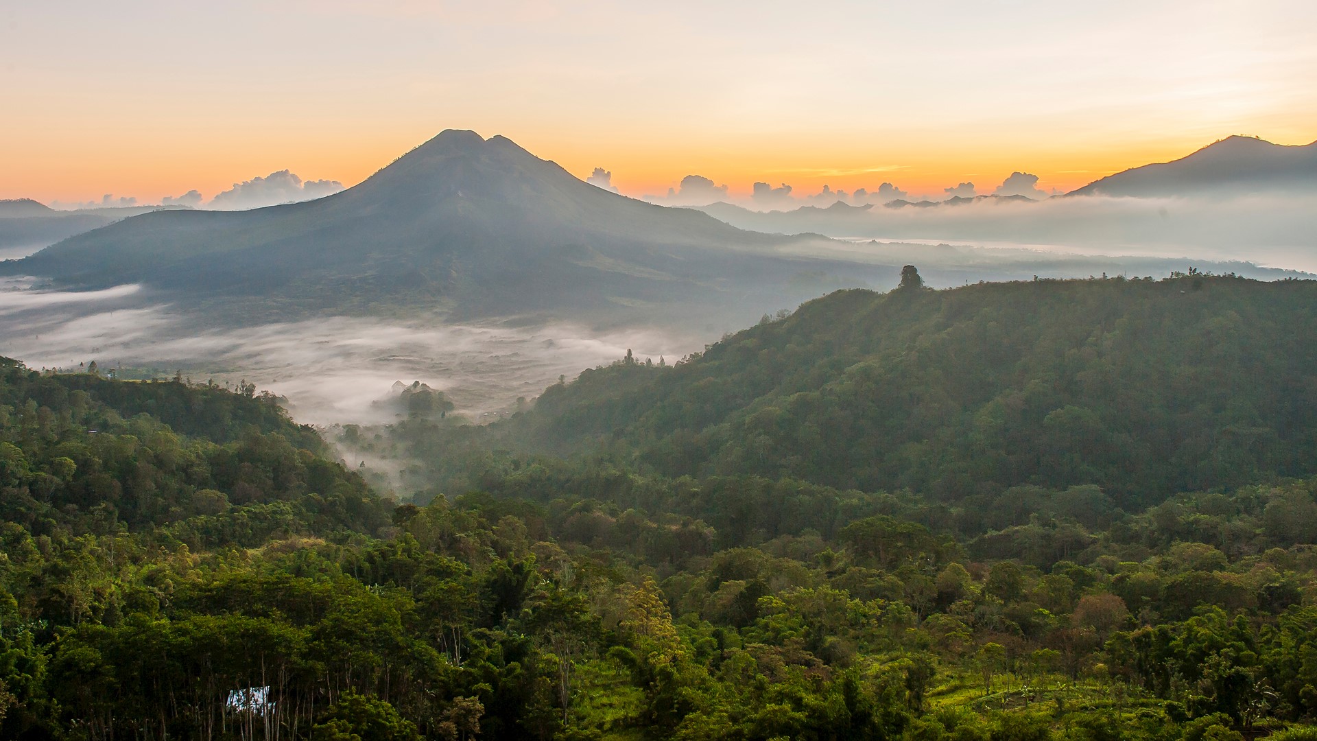 Nature Landscape Mountains Trees Forest Sunrise Mist Sky Bali Indonesia 1920x1080