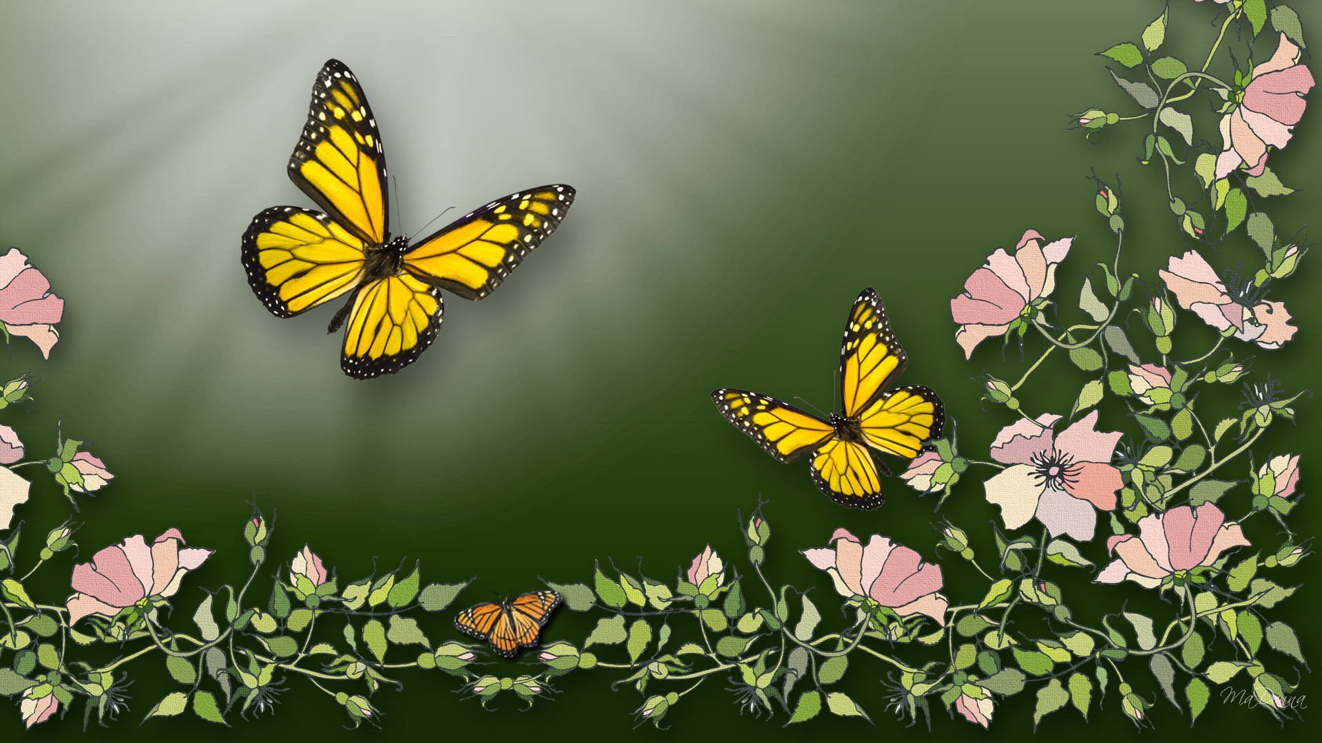 Artistic Butterfly Flower Ivy Leaf Pink Vine Yellow 1920x1080