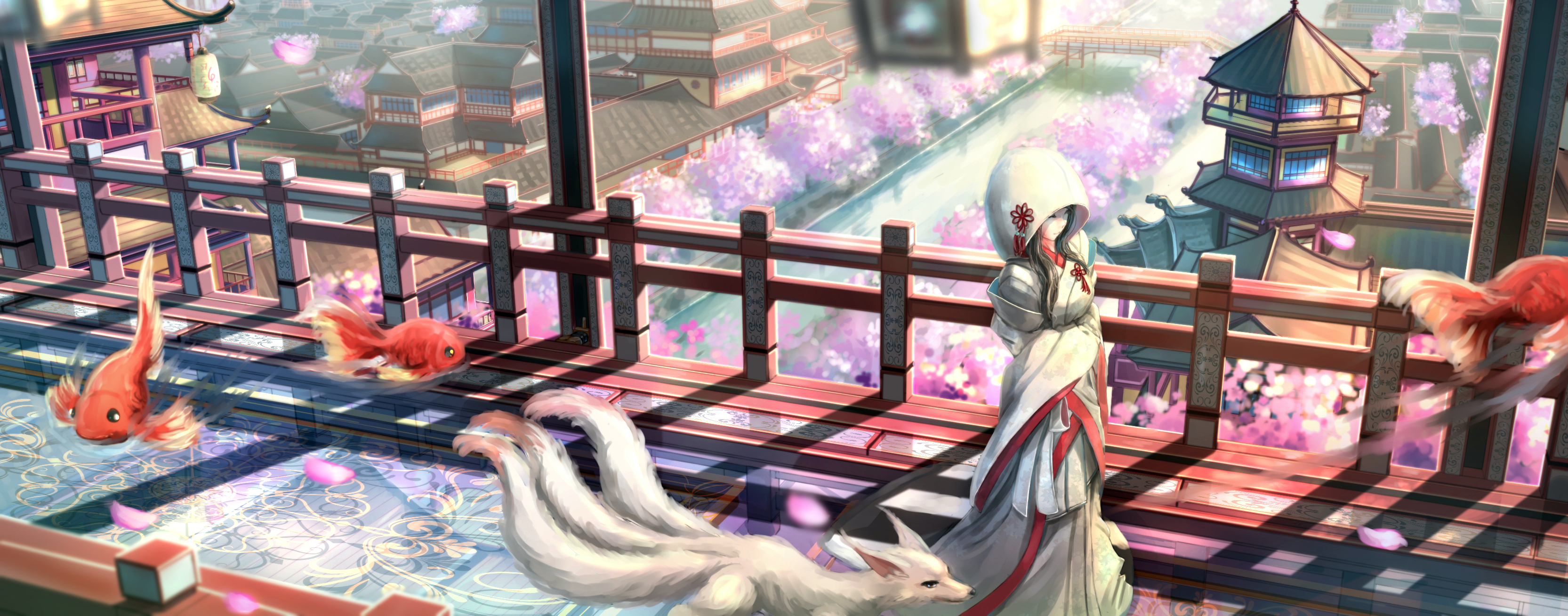 Anime City Fish Fox Girl Hood Sakura Blossom 3331x1308