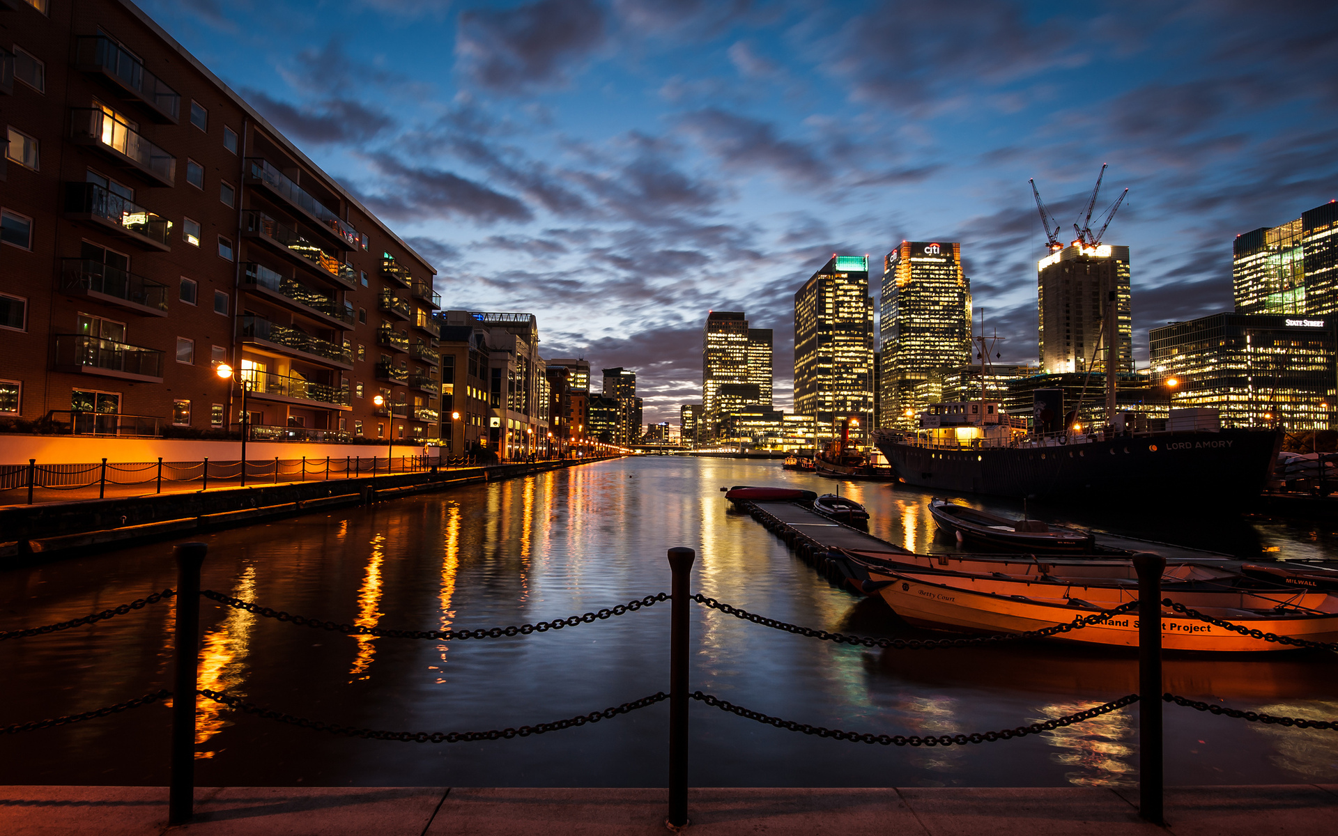 Canary Wharf City Dusk England Light London Night Reflection United Kingdom Water 1920x1200