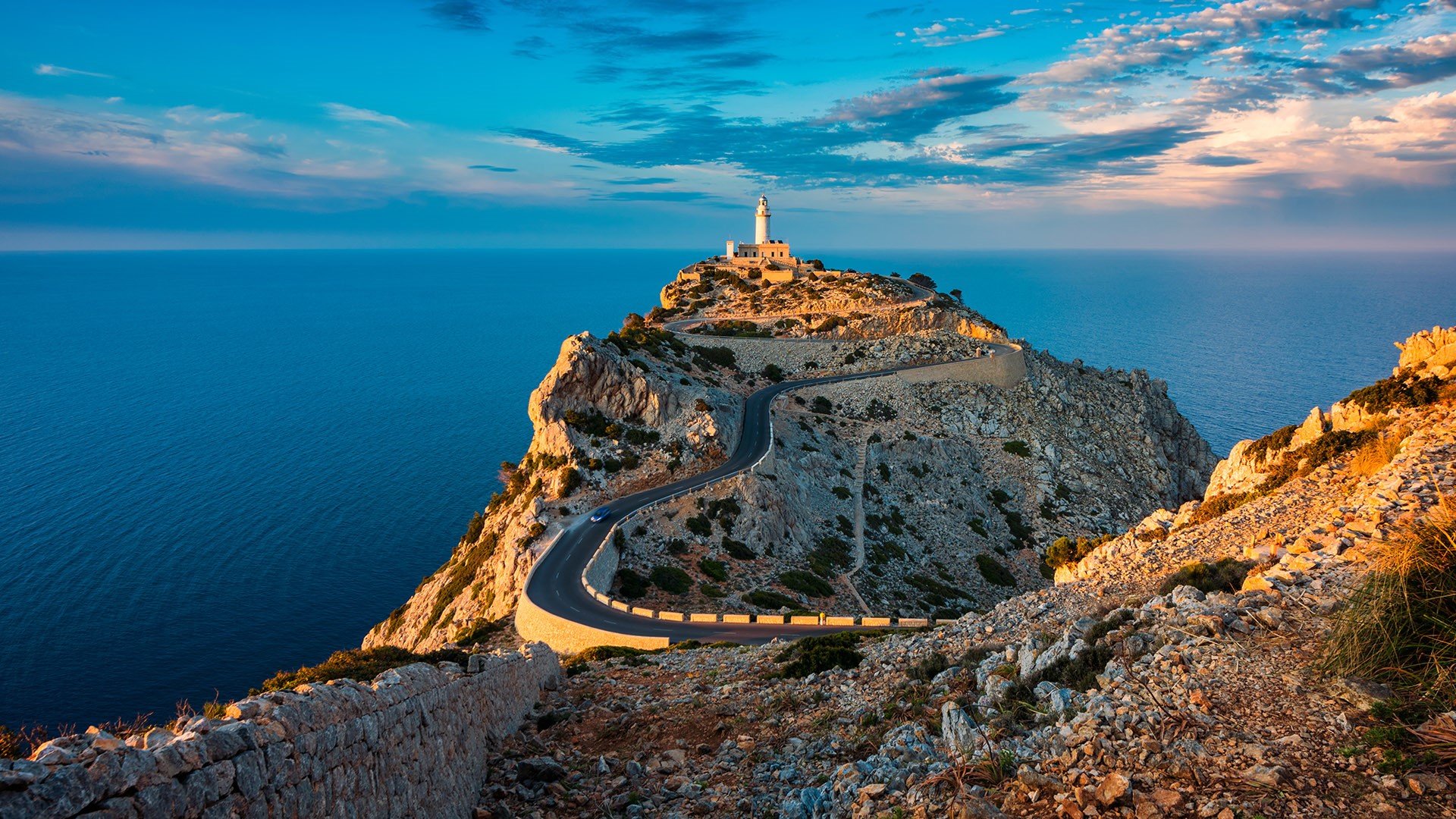 Nature Landscape Clouds Sky Rocks Water Sea Plants Road Car Horizon Lighthouse Mallorca Lighthouse O 1920x1080