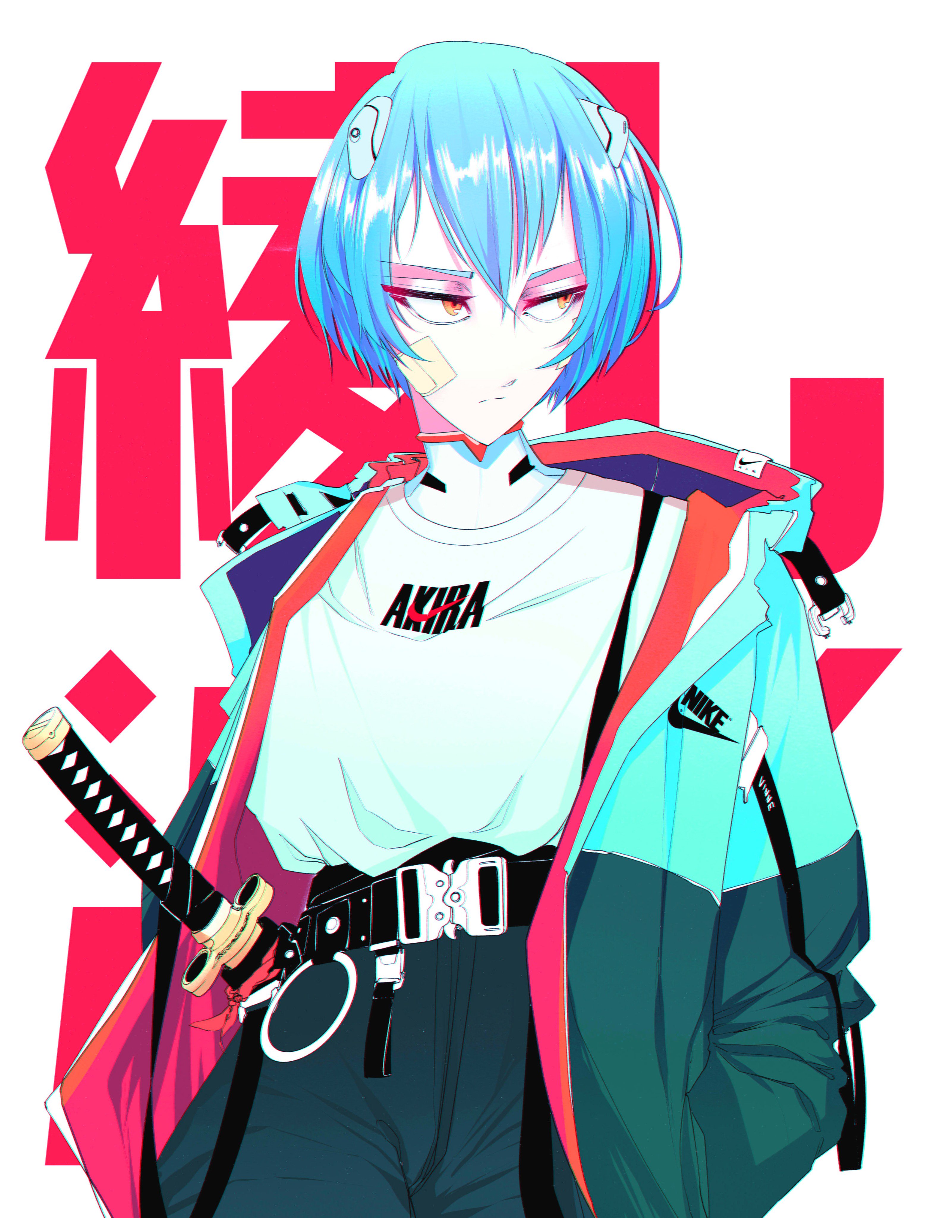 Neon Genesis Evangelion Women With Swords Katana Akira Short Hair Aqua Hair Kanji Blue Jacket 2D Aya 3183x4096