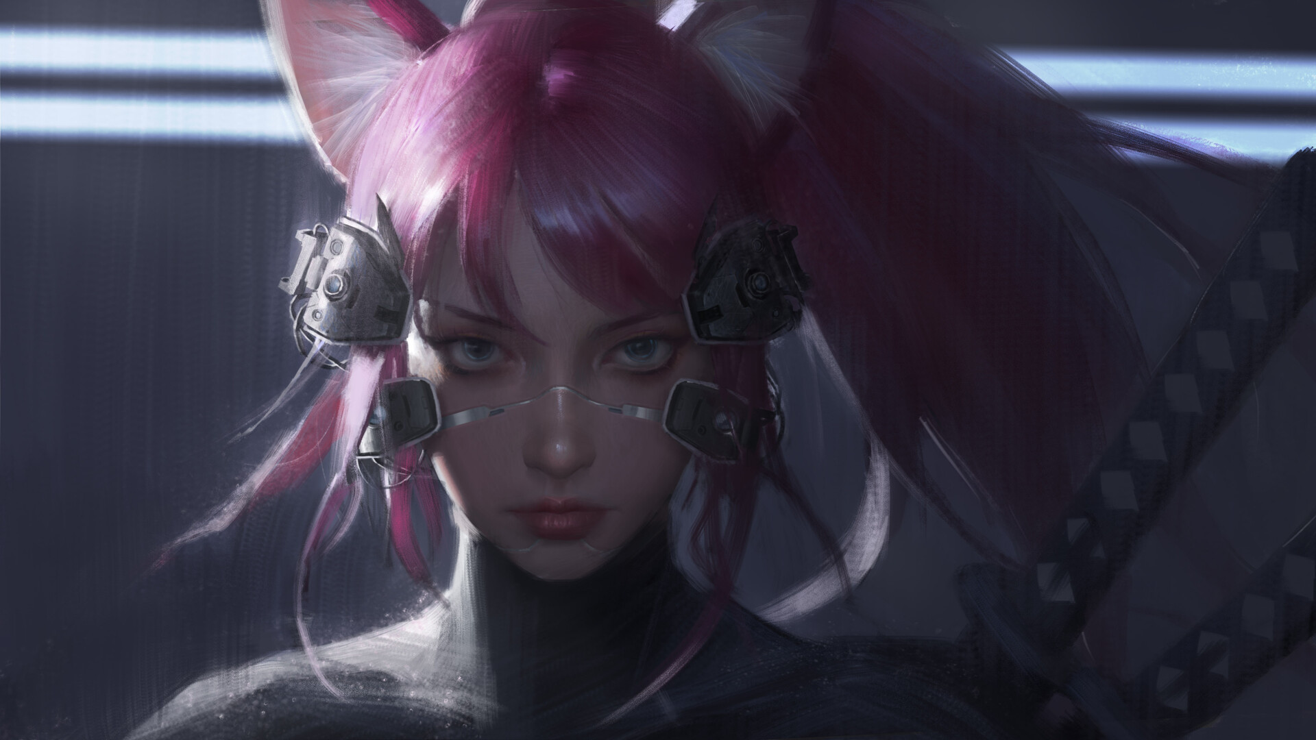 Yuhong Ding Drawing Women Cyberpunk Cat Girl Pink Hair Ponytail Portrait Looking At Viewer Weapon Ka 1920x1080