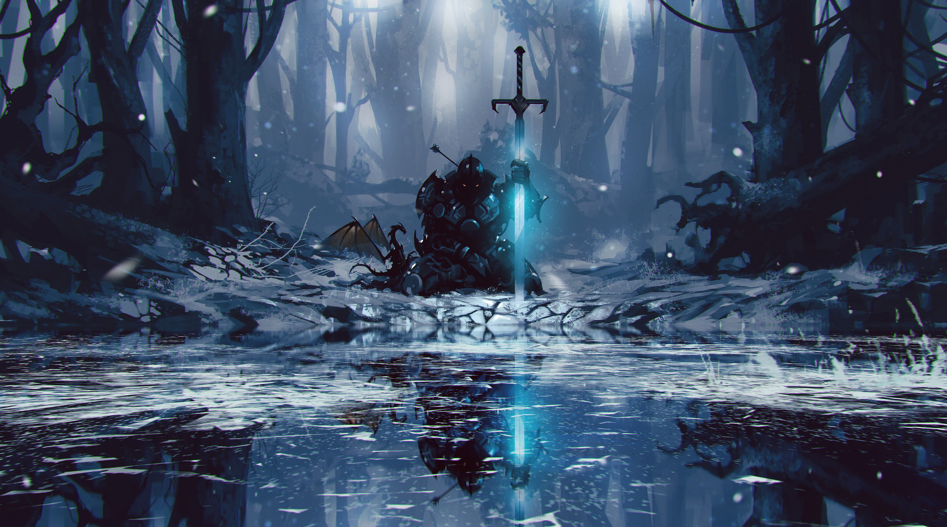Dragon Forest Frozen Knight Lake Reflection Sword Warrior 1920x1068
