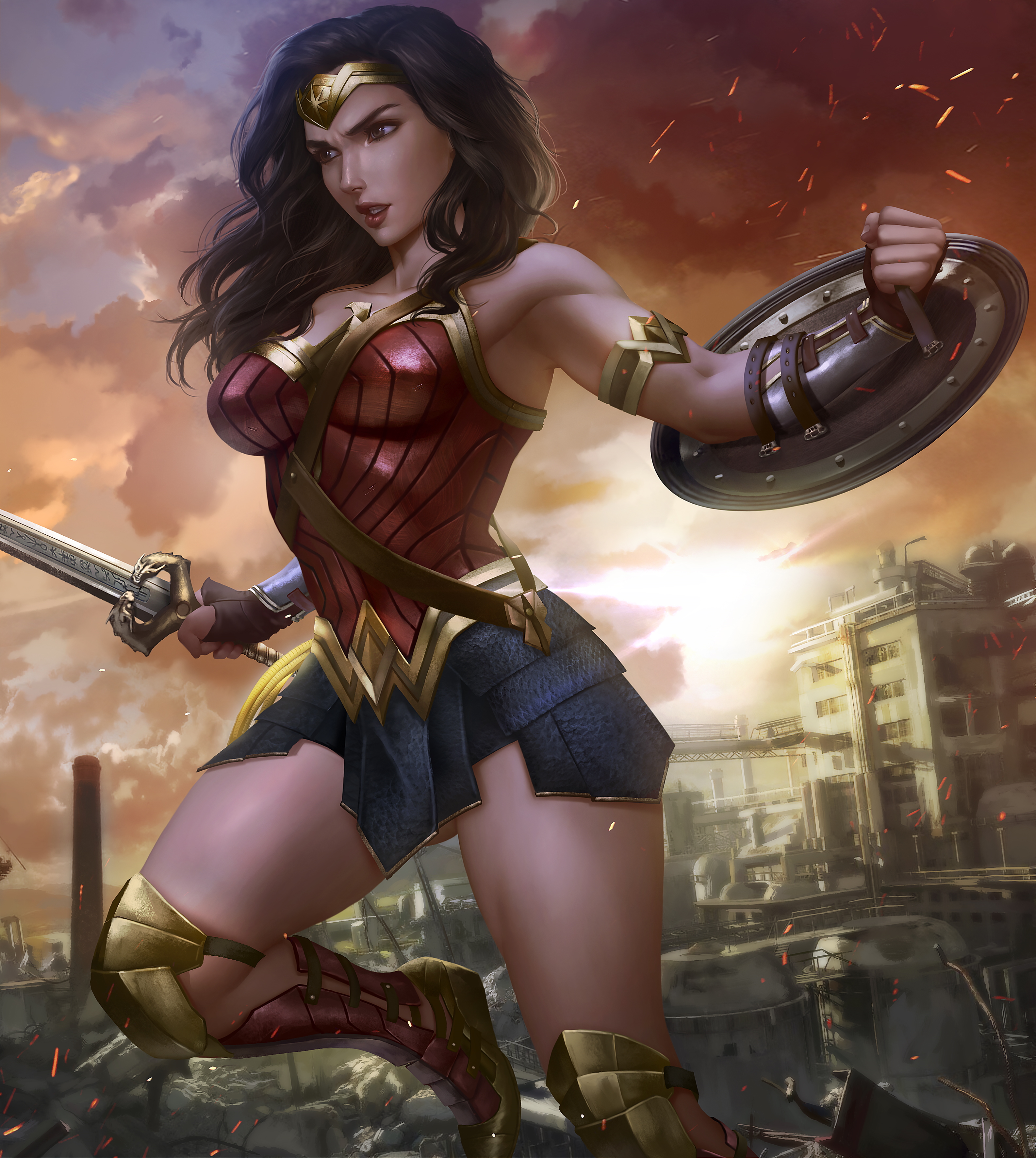Wonder Woman DC Comics Superheroines Brunette Long Hair Tiaras Brown Eyes Red Lipstick Parted Lips A 3171x3543
