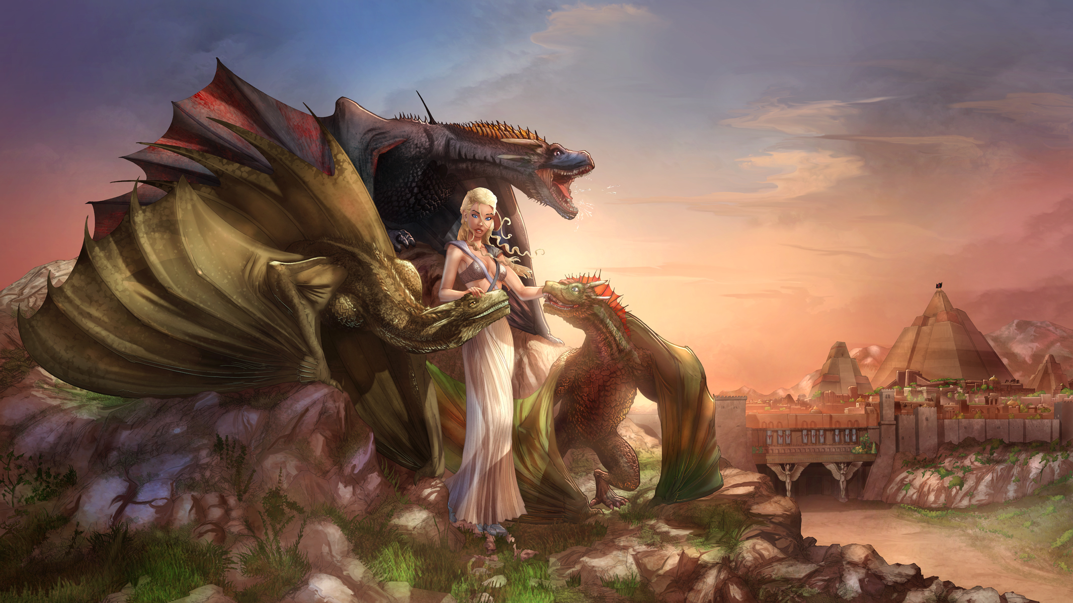 A Song Of Ice And Fire Daenerys Targaryen Dragon Fan Art Game Of Thrones Woman 2133x1200