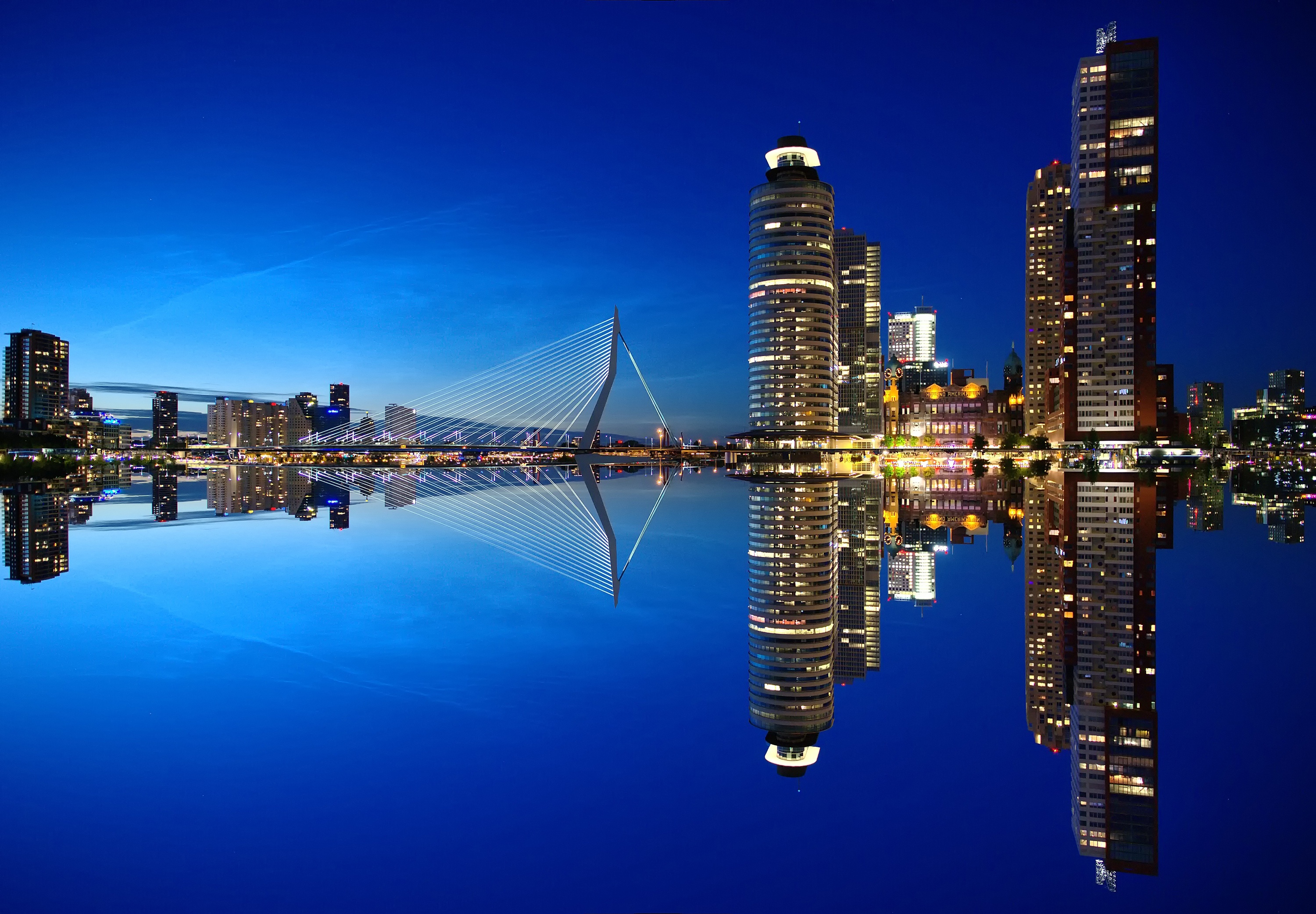 Bridge Building City Erasmus Bridge Netherlands Night Reflection Rotterdam Skyscraper Water 3000x2084