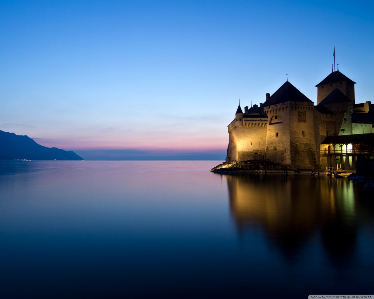 Castle Lake Night Panorama Reflection Sea Sunset Switzerland Veytaux 1280x1024