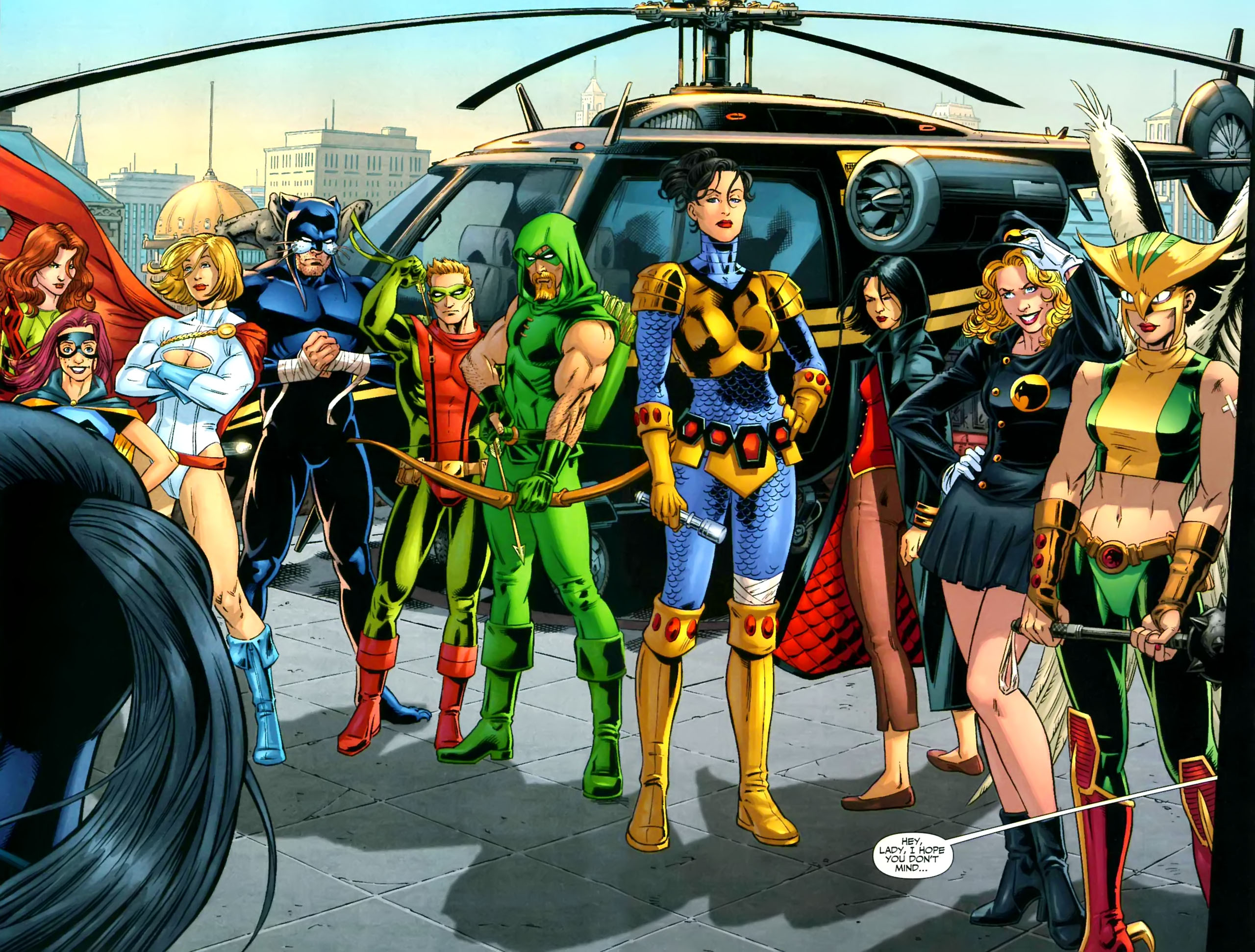 Green Arrow Hawkgirl Power Girl 2560x1942