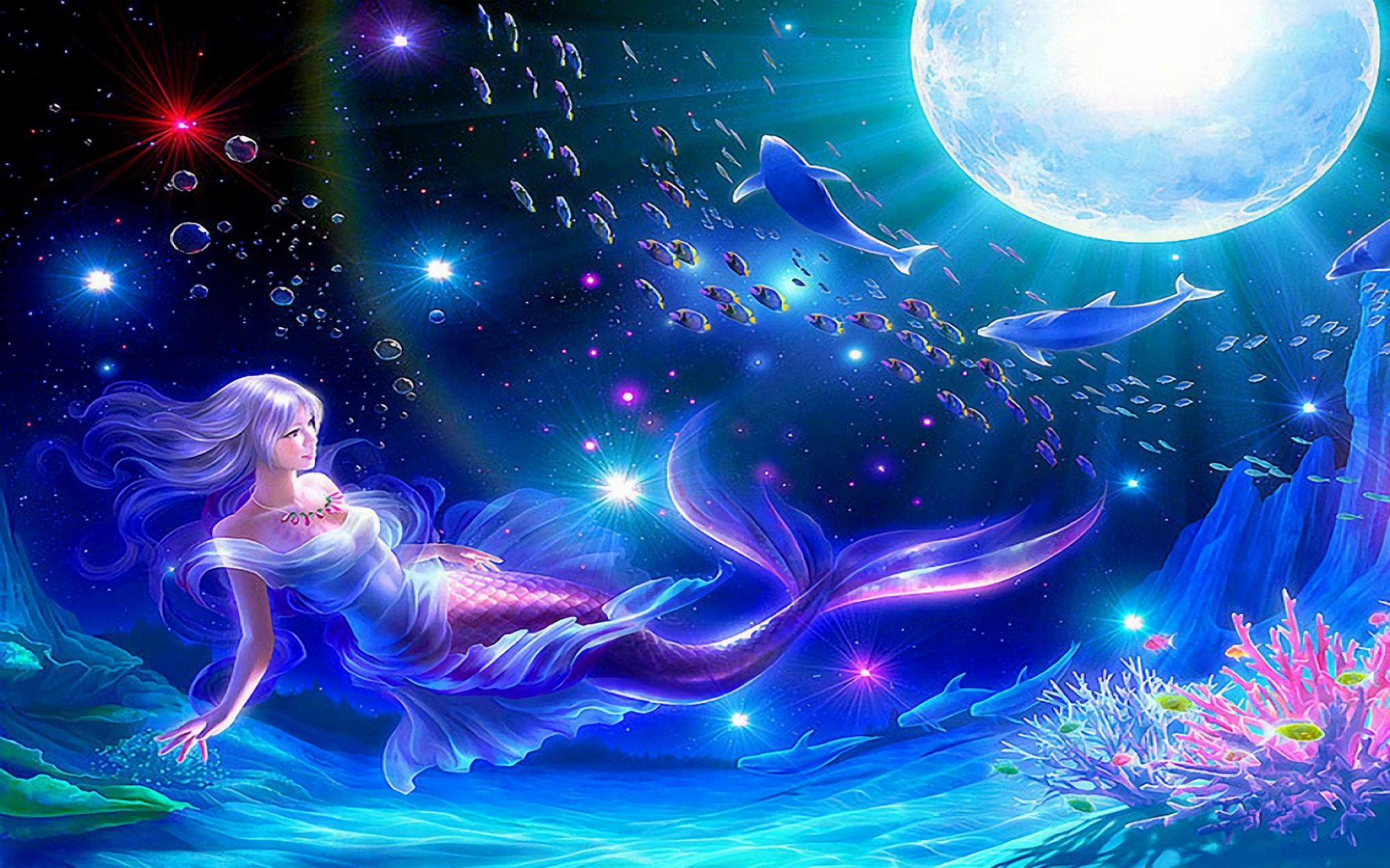 Colorful Fantasy Fish Kagaya Mermaid Moon Underwater 1920x1200
