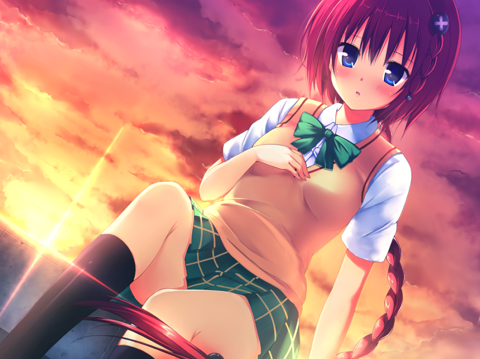 Anime Blush Braid Cloud Girl Mea Kurosaki Sitting Skirt Socks Sunset To Love Ru Darkness 1600x1196