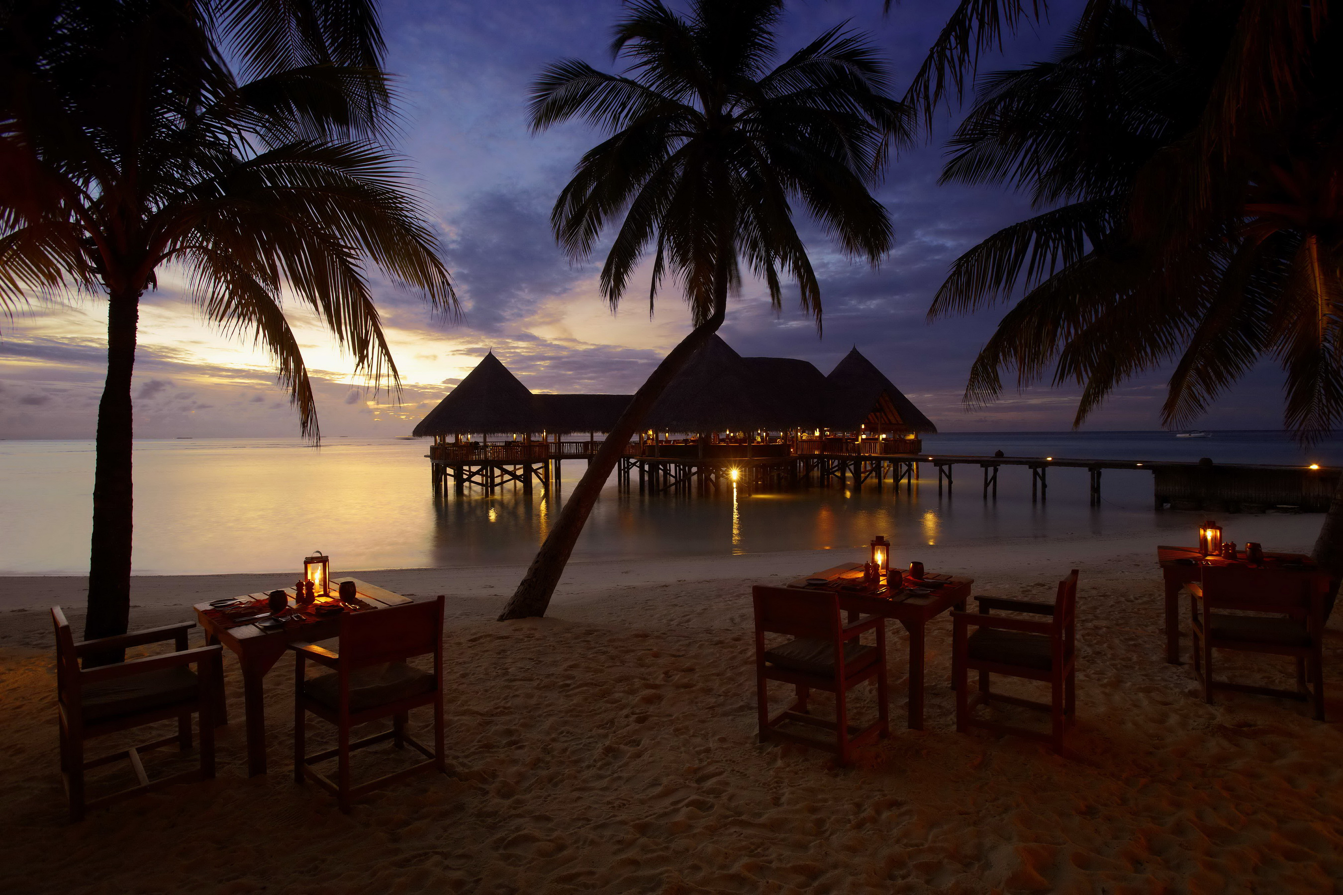 Beach Bungalow Chair Evening Horizon Maldives Palm Tree Table 2700x1800