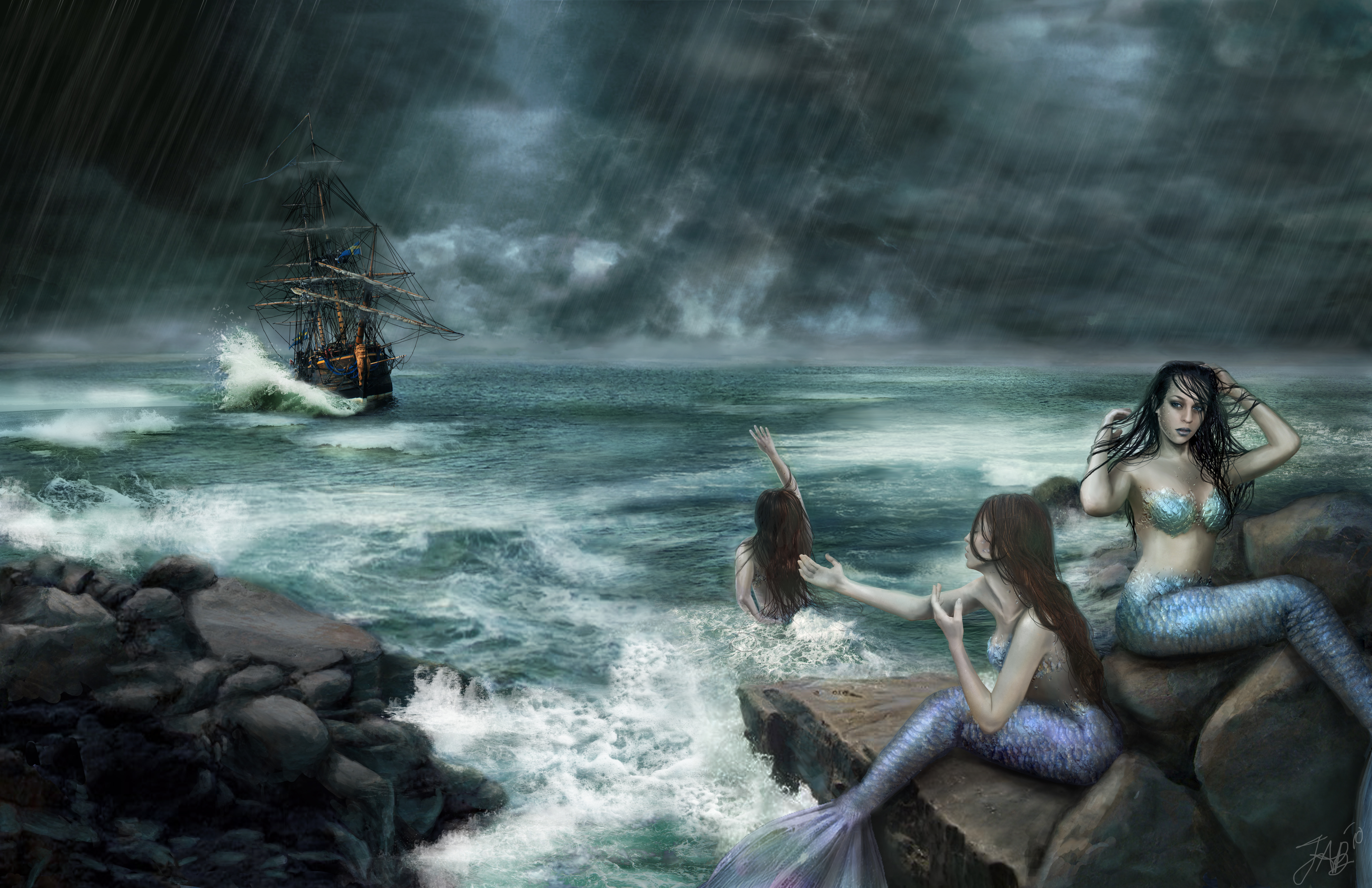 Fantasy Mermaid Ocean Sailboat Ship Storm 5100x3300