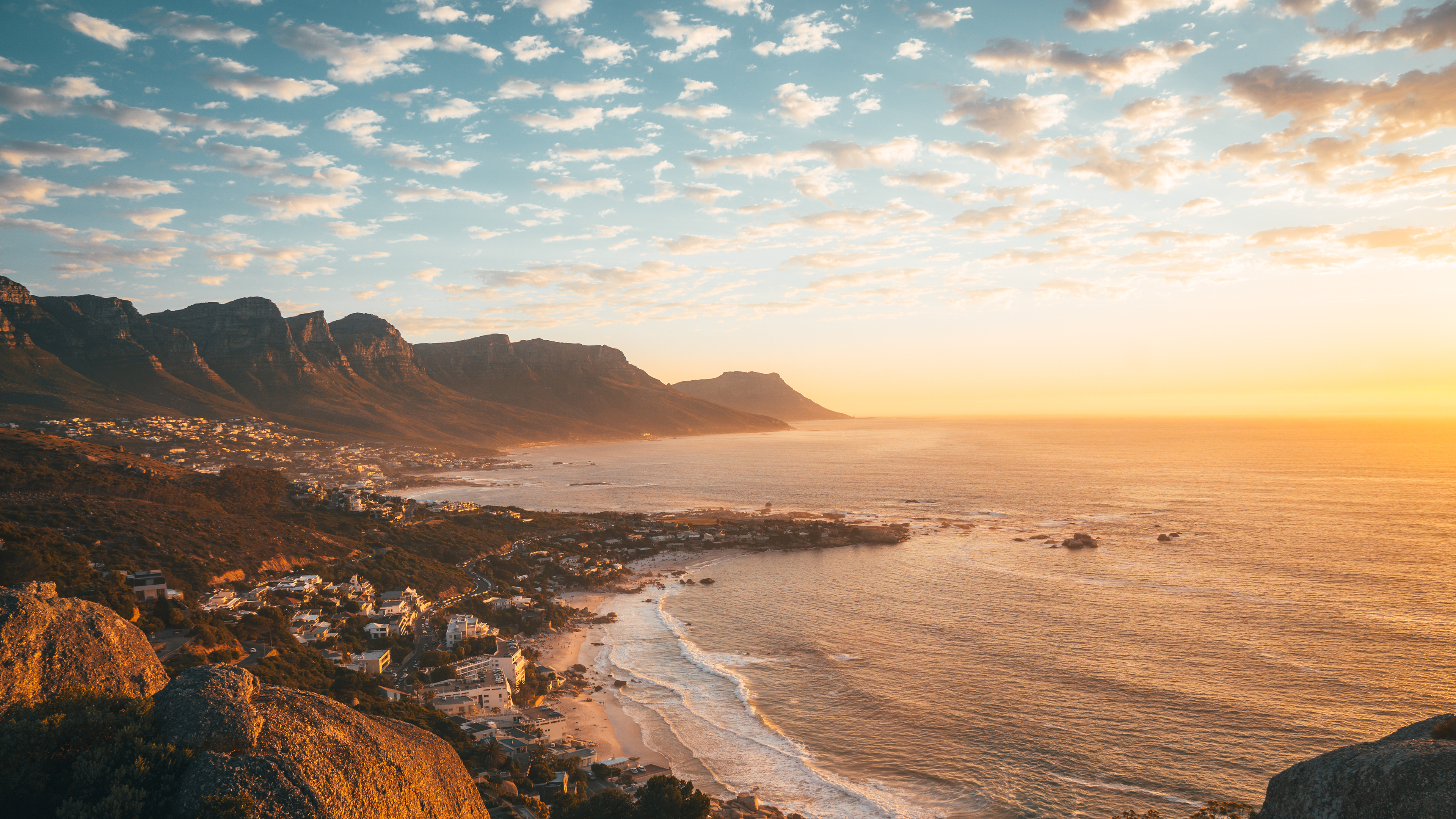 Nature Landscape Mountains Clouds Sky Town Coast Waves Water Far View Sea Cape Town South Africa 3840x2160