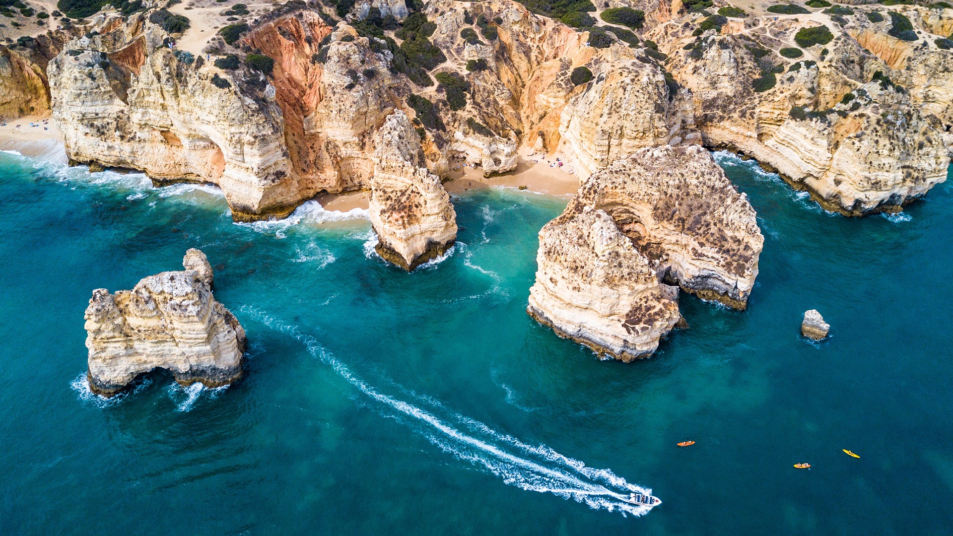 Nature Landscape Water Rocks Mountains Plants Boat Beach Waves Limestone Coast Algarve Portugal Port 1920x1080