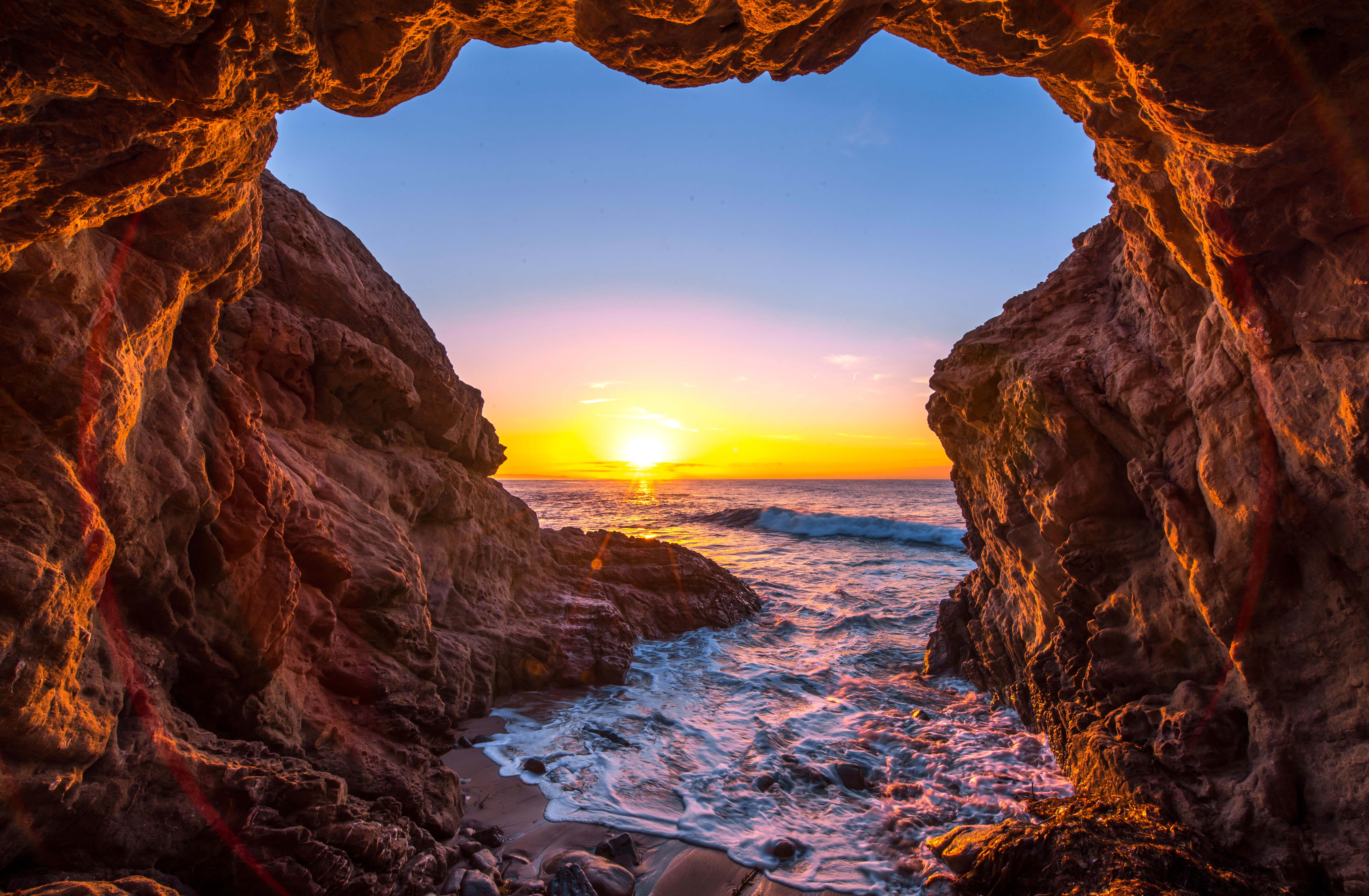 Cave Earth Horizon Ocean Sea Sun Sunset 7253x4746